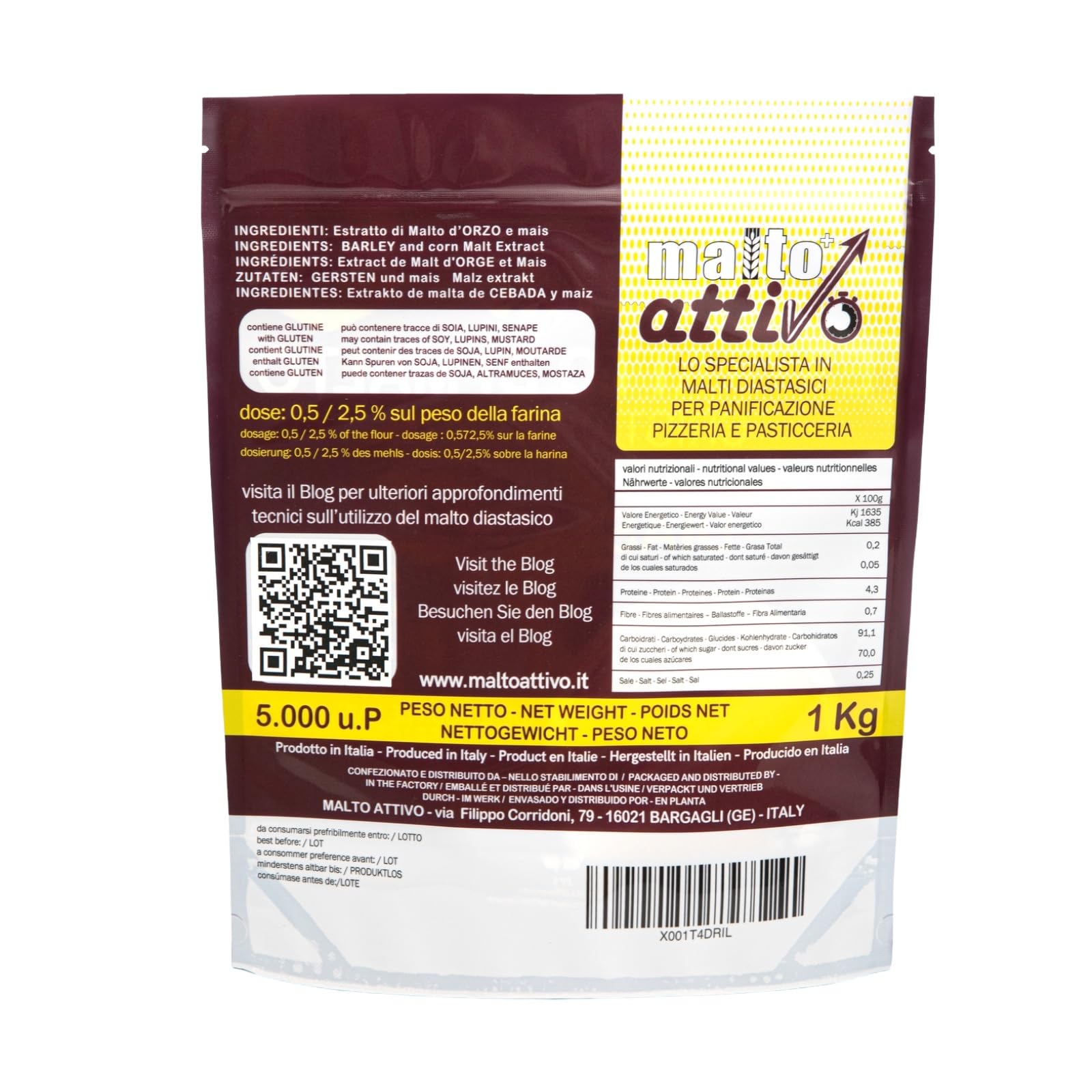 Malto Attivo, Cristal Diastasico 1000g, Estratto di Malto Cristallizzato ad Elevato Potere Diastasico, Malto d’Orzo e Mais Ideale per Panificazione, 5.000 Unità Pollak, Made in Italy.