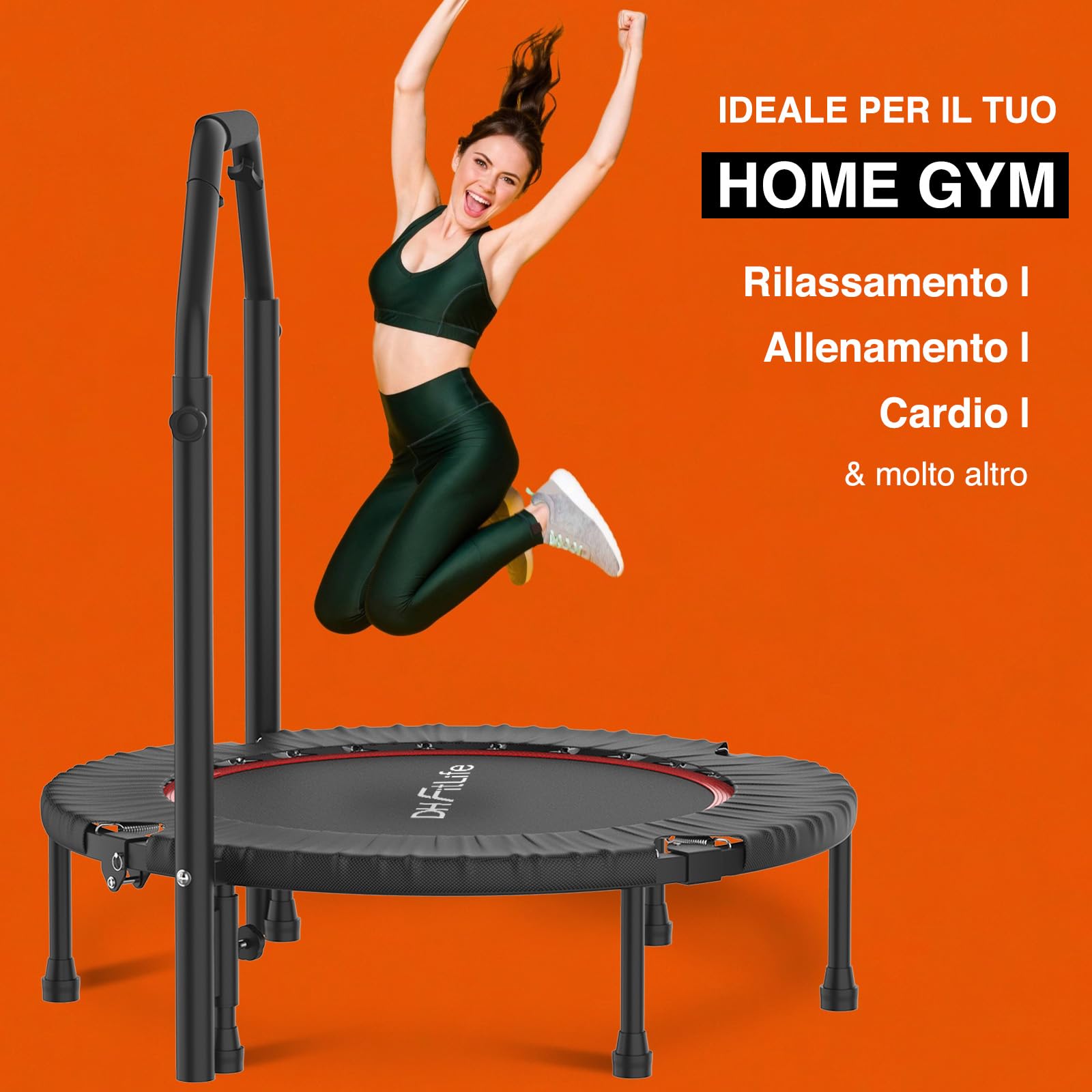 DH FitLife Trampolino Fitness Pieghevole per Interni senza Installazione | Ø 102 cm 40 Pollici Mini Trampolino | Portata 150 kg | Manico Regolabile a 4 Livelli | Stabile e Resistente