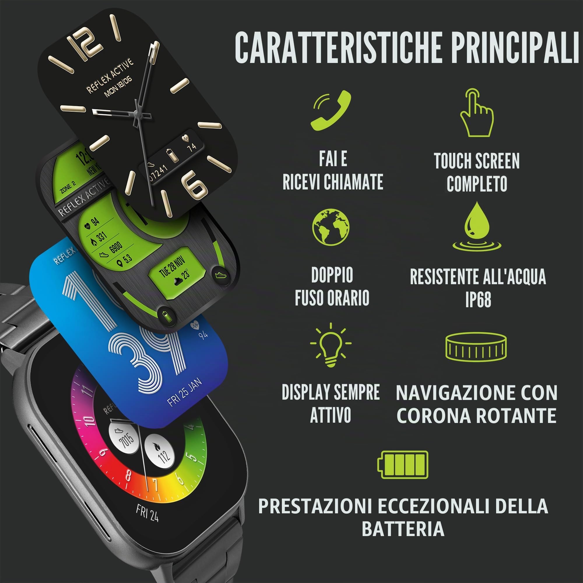 Reflex Active AMOLED Serie 29 Smartwatch da uomo con touch screen da 5,2 cm, cardiofrequenzimetro, misurazione dell'ossigeno nel sangue, impermeabile IP68, fitness tracker per iOS, Android