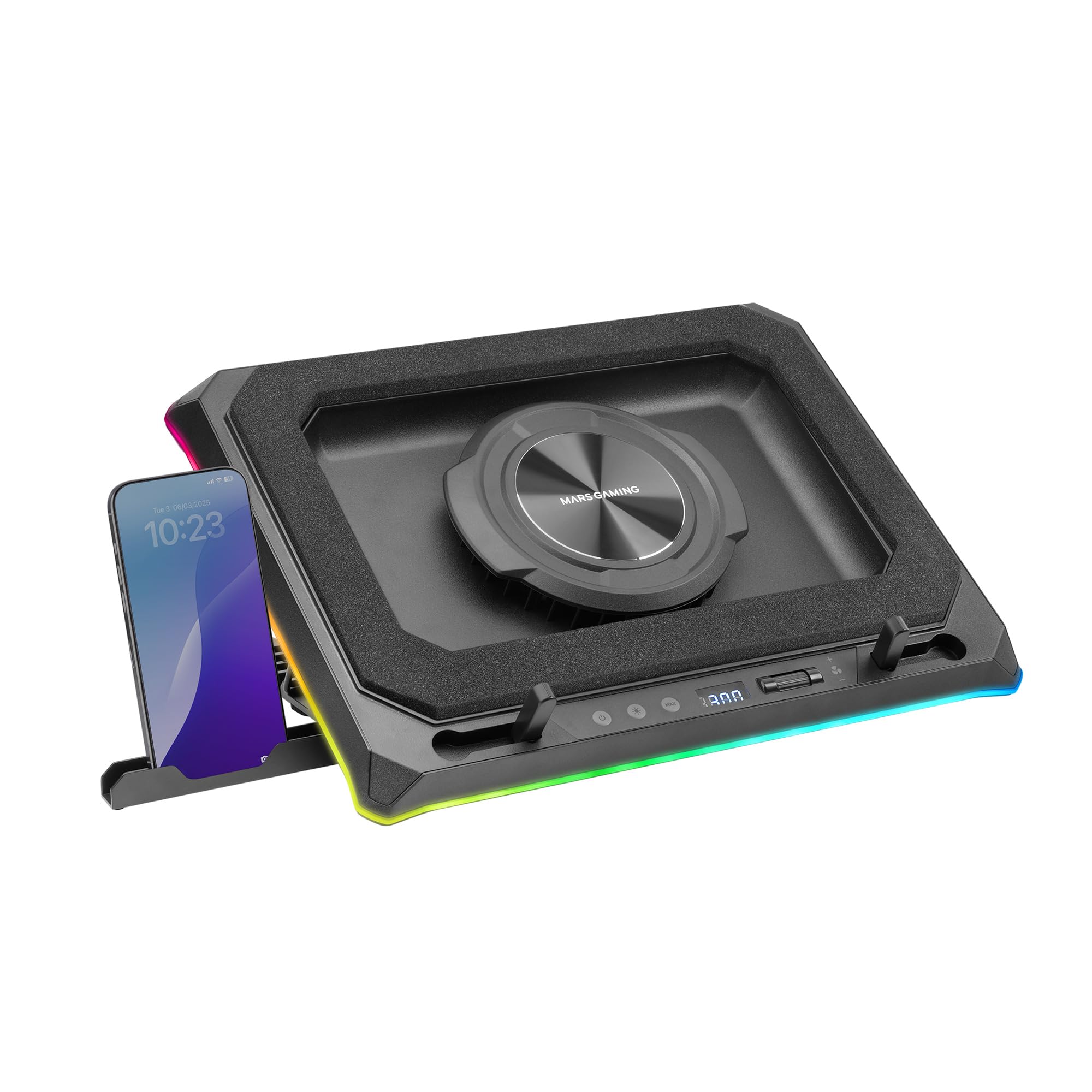 Mars Gaming MNBC-ULTRA, Base di Raffreddamento e Supporto, Ventola da 140mm, Tecnologia CoolCore Airflow, RGB Chroma, 5 Posizioni, Compatibilità Laptop fino a 18”, Supporto Smartphone, 4x USB-A, Nero