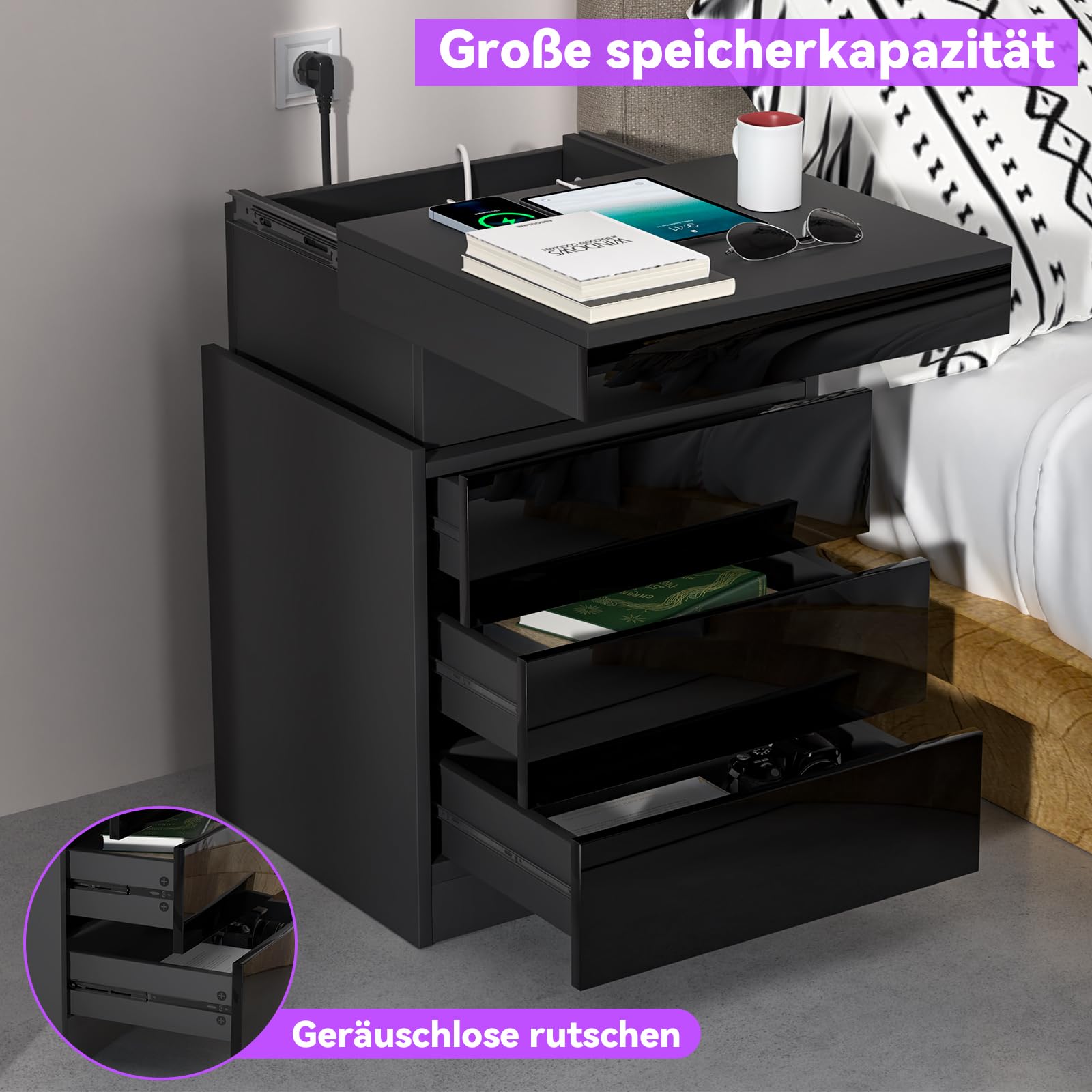 EXSELTMAN Led-nachtkastje, houten led-nachtkastje met 3 laden, bijzettafel met laadstation, hoogglanzend nachtkastje met schuifpaneel, nachtkastje (2, zwart
