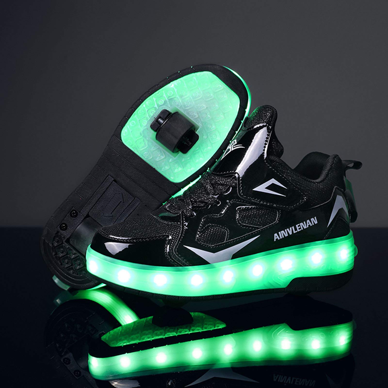 RDJSHOP Niños Niñas Zapatos de Patinaje sobre Ruedas Double Wheels Zapatos Intermitentes LED de Carga USB Zapatillas de Patinaje sobre Ruedas en Línea Calzado Técnico de Skate,Black-4.5UK/37EU