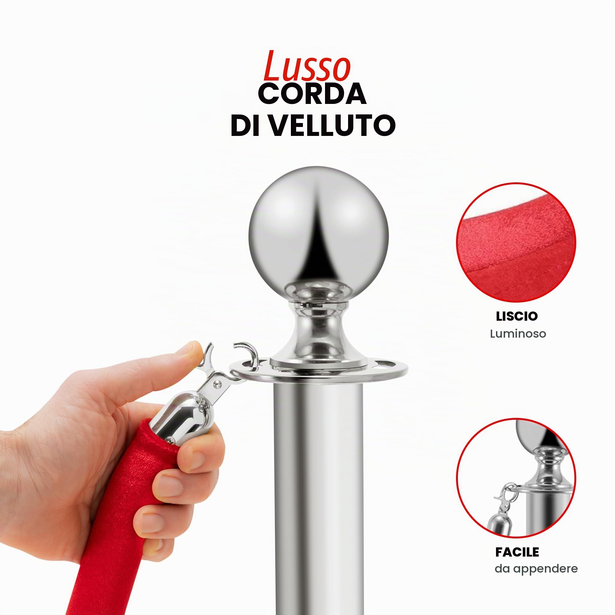 Pali distanziatori in acciaio inox 2 pezzi, altezza 90 cm, argento con corda di velluto rosso da 1,5 m, collegamento a 4 vie, base di diametro 31 cm, controllo della folla
