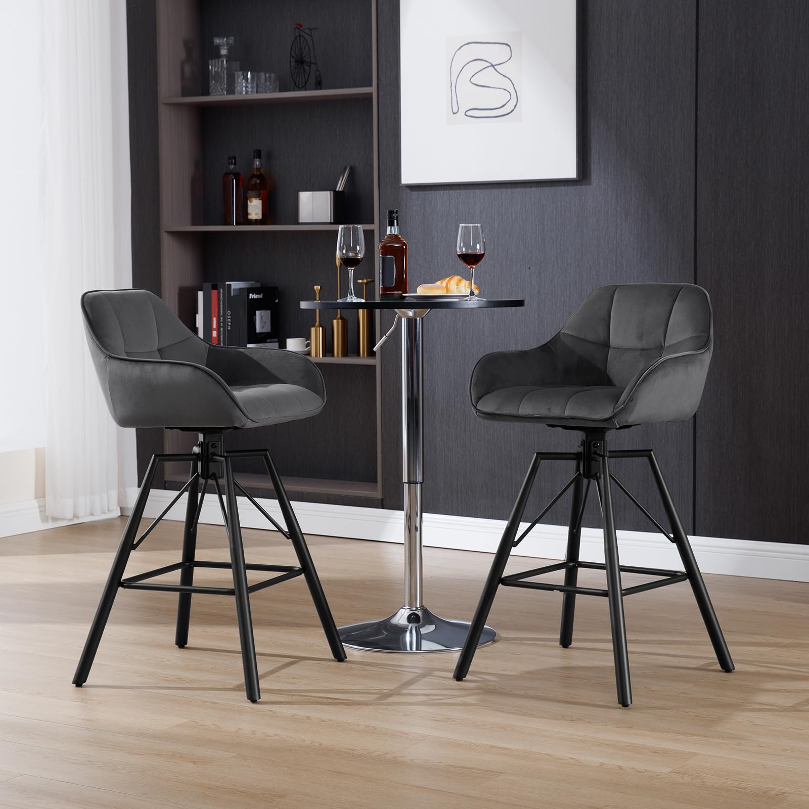 WOLTU Barhocker 2er Set, 360°drehbar Barstuhl Bistrohocker mit Rückenlehne Tresenhocker mit Lehne Fußstütze 4 Beinen, drehbar, gepolstert, Samt Metall, Dunkelgrau, BH397dgr-2