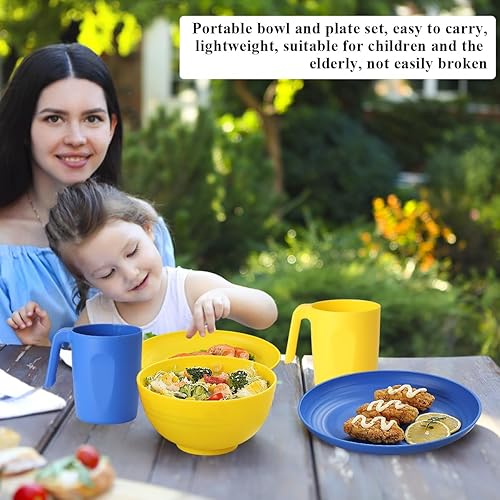 Miniatura 6 de Berglander UKR - Juego de vajilla de plástico de 24 piezas para 6, platos y cuencos reutilizables de color UKR, incluye platos llanos, platos de