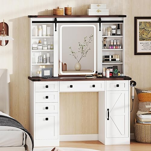 COSTWAY Vanity Desk with Mirror and Lights, 44.5’’ Farmhouse Makeup Table with Sliding Mirror, 6 Storage Drawers, Adjustable Shelves, Bedroom Dressing Table for Women, Adult, Teen, Girls