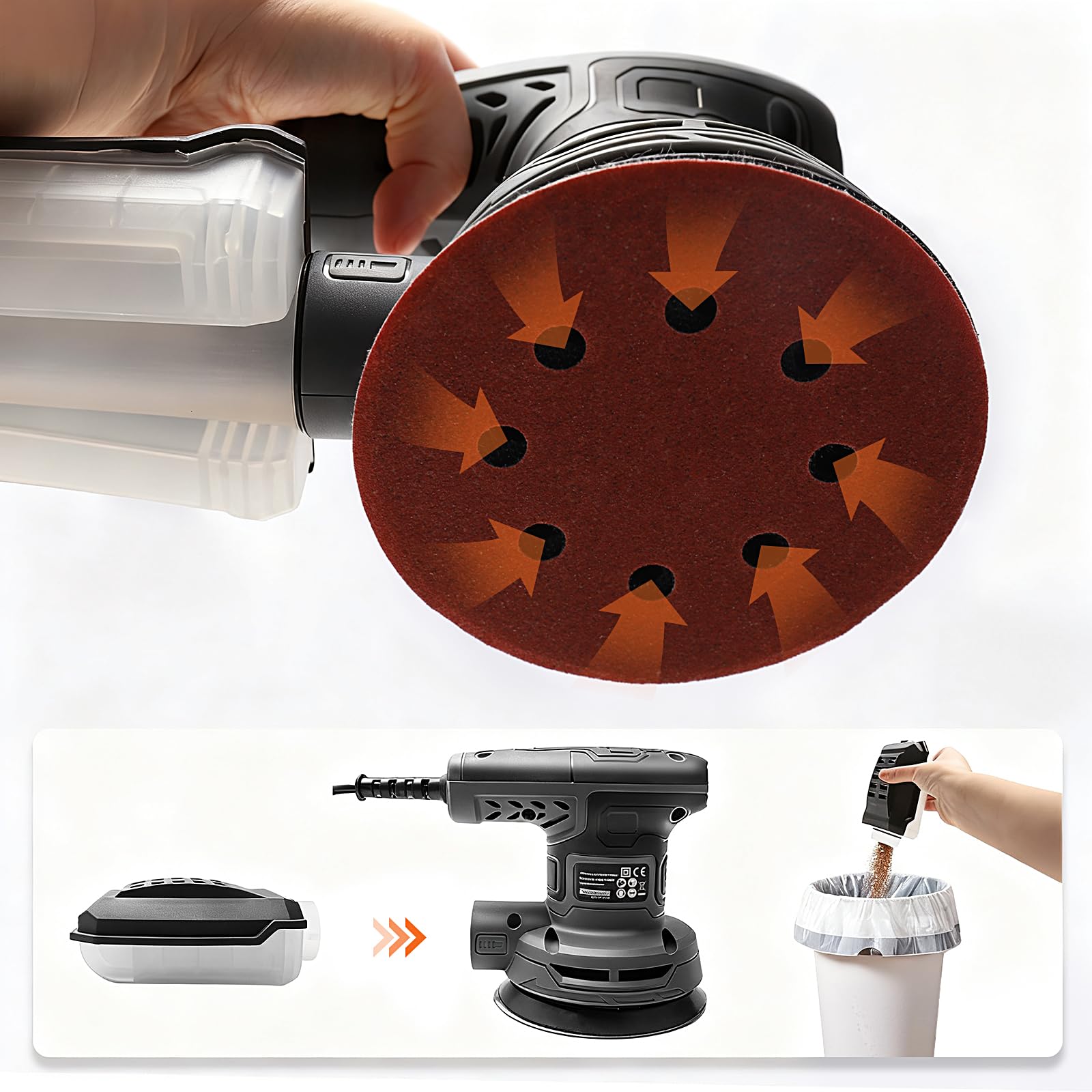 Ponceuse Orbitale Excentrique 320W, 6 Vitesses Réglables (8000–13000 tr/min), Plateau de Ponçage 125mm, 16 Disques Abrasifs, Ponceuse Électrique pour Bois et Métal avec Câble 3m