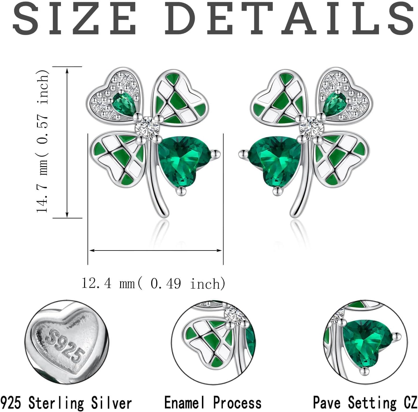 Sterling Silver Four Leaf Clover Earrings Irish Green Shamrock Heart Piercing Stud St Patricks Day Jewelry Gift for Women