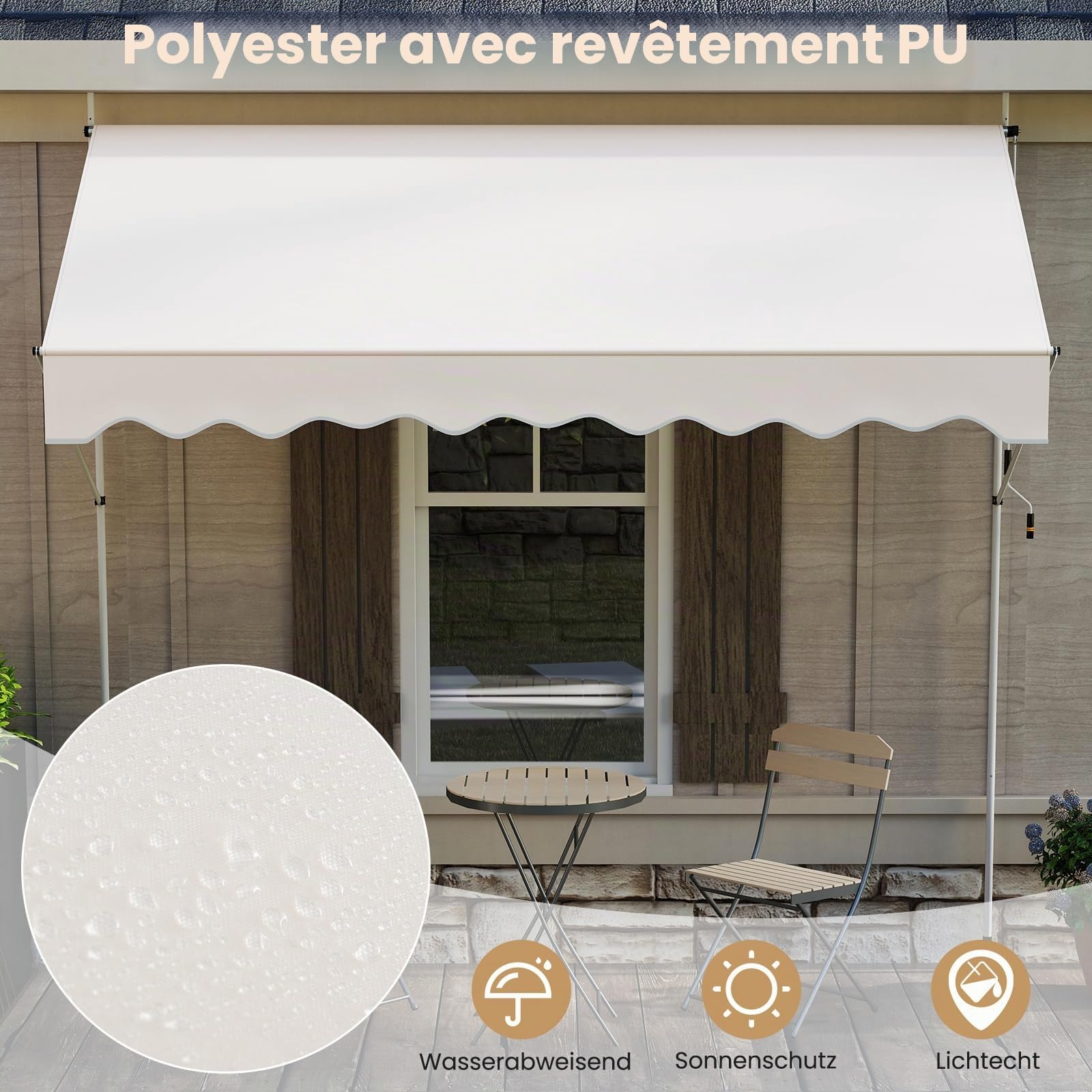 FANTASK Store de Balcon avec manivelle, résistant aux UV, sans perçage, Hauteur réglable (Blanc)