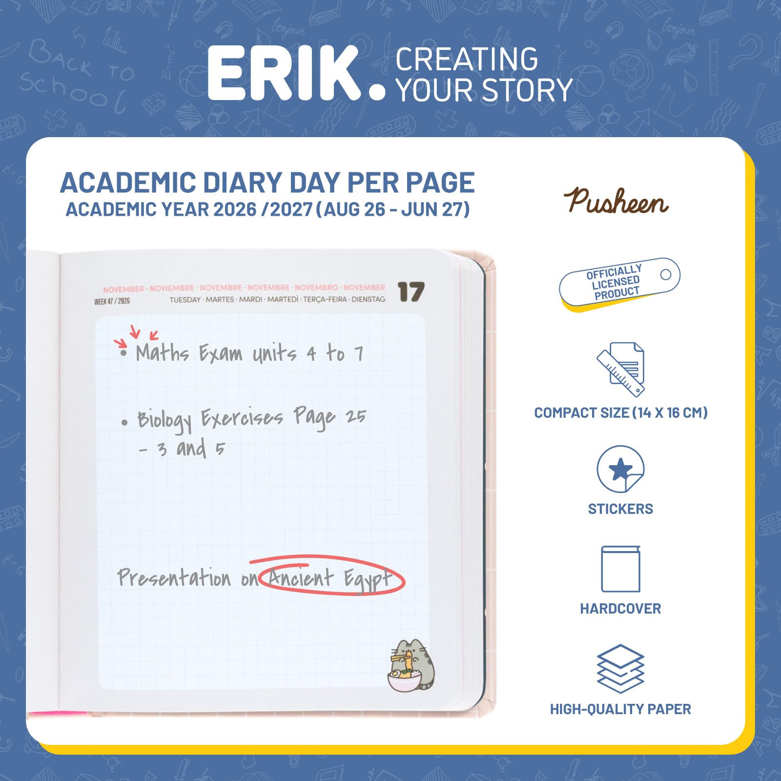 Grupo Erik Academic Diary 2026-2027 Page a Day - Pusheen Gifts for Cat Lovers | Back to School Planner 2026-2027, Mid Year Diary 2026 2027 Day per Page | Pusheen Stationery, Cat Stationery Gifts