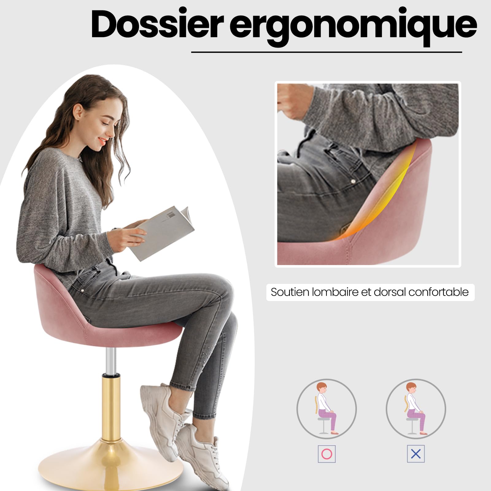 WOLTU Tabouret de Coiffeuse, Tabouret Pivotant Réglable en Hauteur 42,5-60 cm, en Velours, pour Salle à Manger, Cuisine, Salon, Chambre à Coucher,Bureau,Rose,BH425rs-1