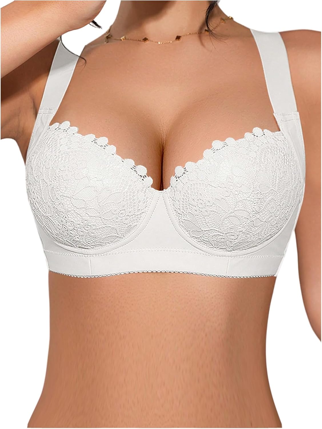 OYOANGLE Women's Underwire Adjustable Push Up Sexy Elegant Lace Bra Soft with Wide Strap White A Medium