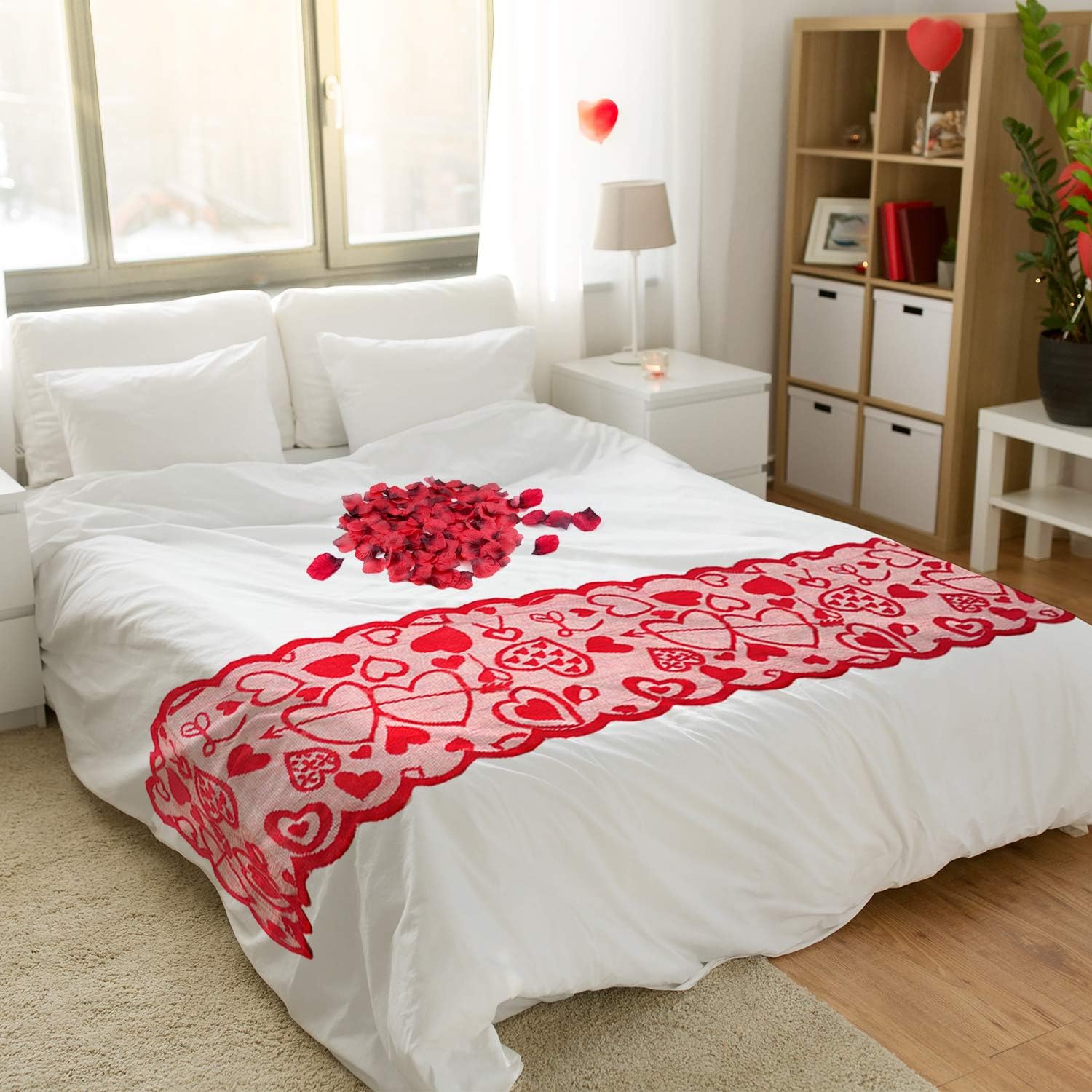 FEPITO 505Pcs Valentines Day Decoration Set Includes Red Heart Table Runner Table Placemats and Red Silk Rose Petals for Valentine’s Day Wedding Bachelorette Party Mother's Day