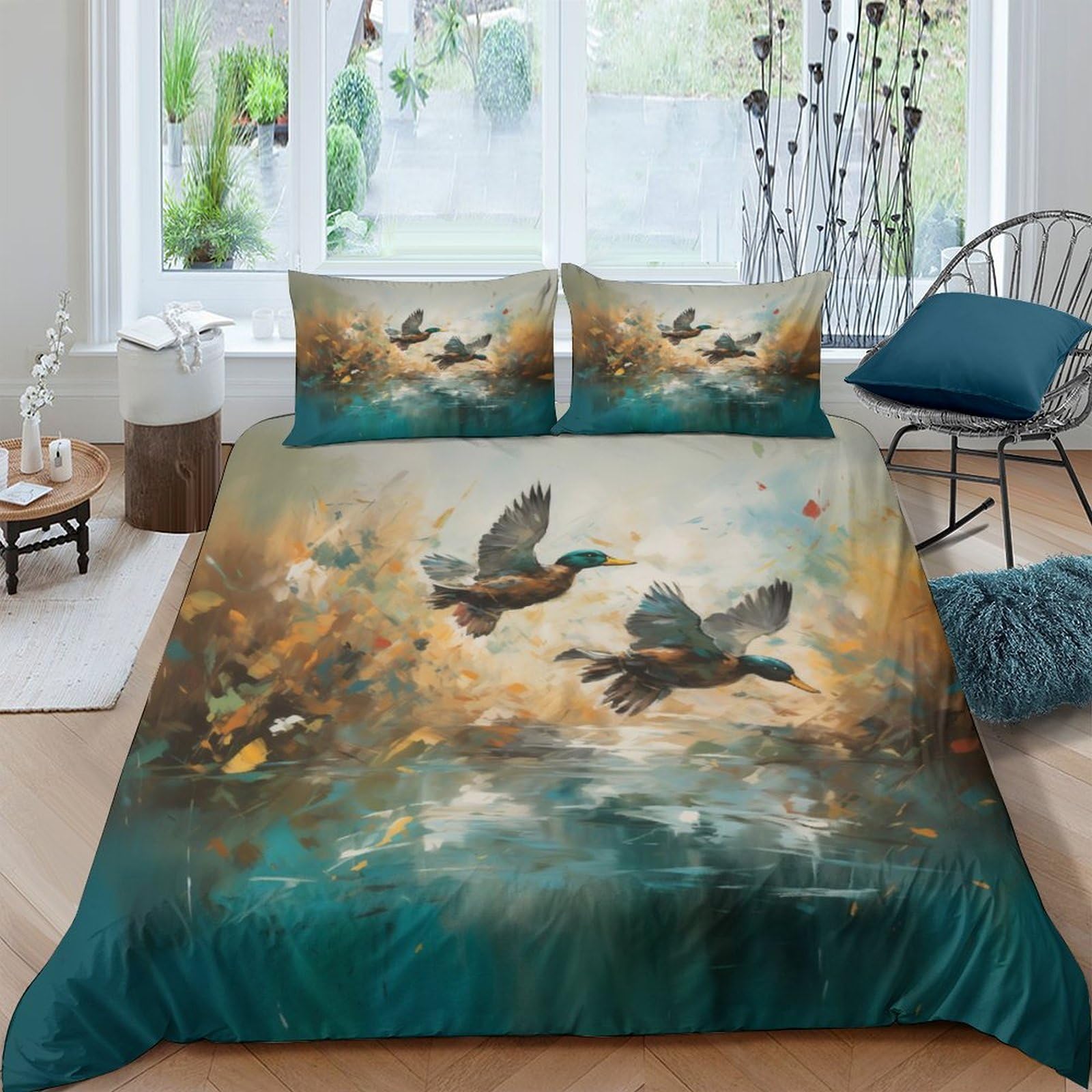 Ctjqhvkz Style-2 3D Printed Flying Duck Fitted Sheet Microfiber Autumn Forest Bed Sheet Anti-Slip Easy Care For Bedroom Guest Room Decor Single（135X200cm）