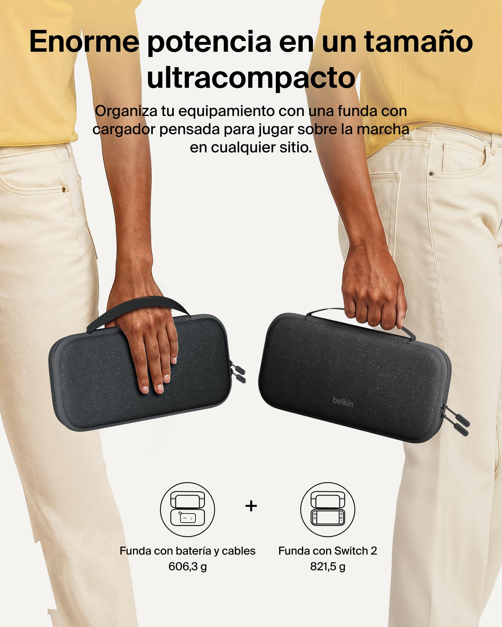 Belkin Gaming Funda para Nintendo Switch 2 con Batería Externa extraíble de 10000mAh, Pantalla LCD, Carga rápida 20 W para Nintendo Switch 2, Compartimentos para AirTag y Juegos físicos Carbón