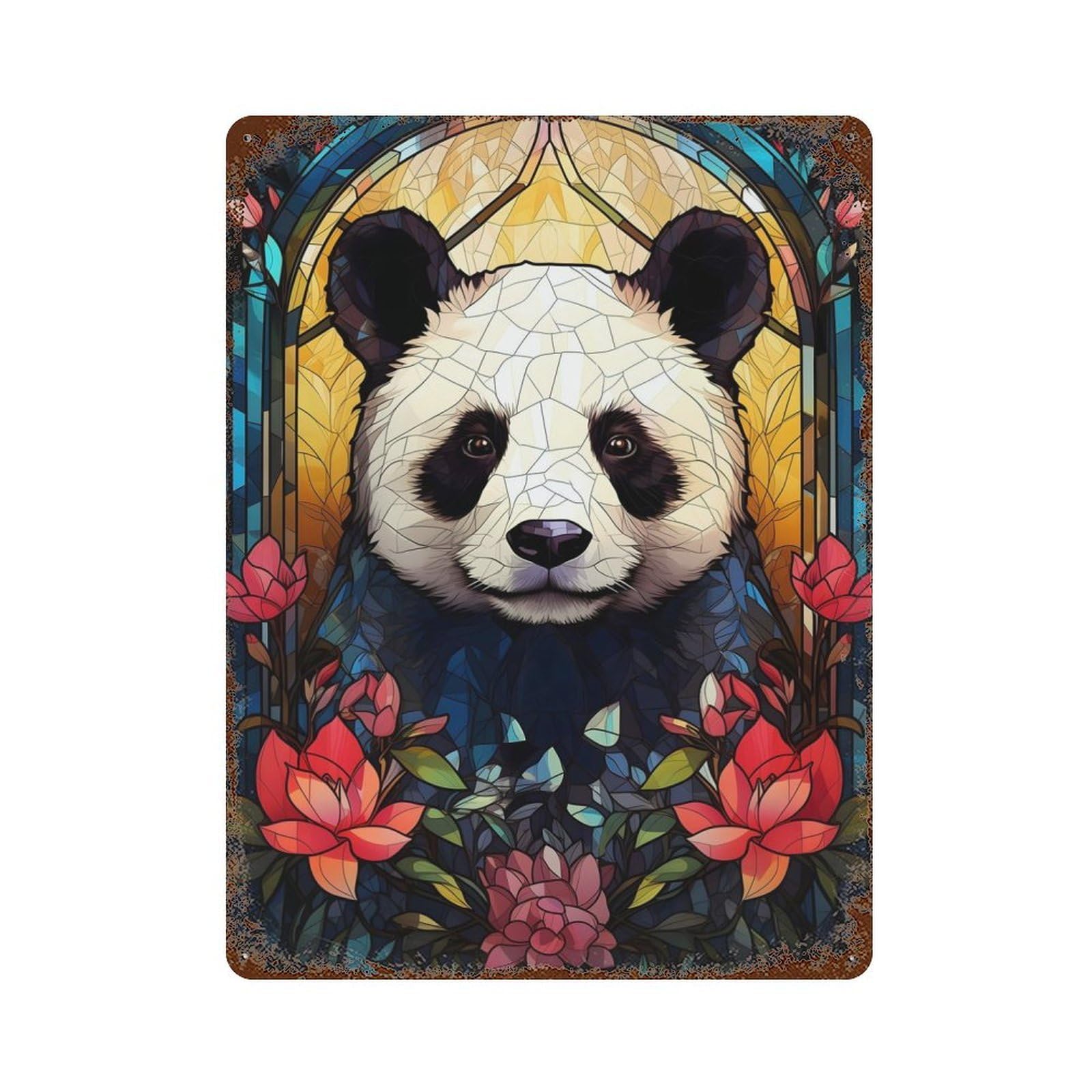 Panda Bear Stained Glass Rusty Metal Tin Sign 15.7"x11.8", Ideal for Farmhouse, Kitchen And Entryway Decor