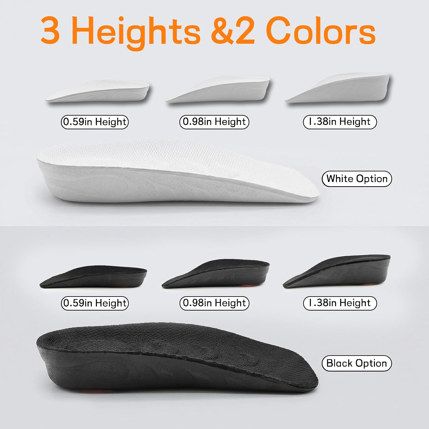 Height Increase Insoles, 3 Pairs Combo for Men & Women, Invisible Height Boost Inserts, Shock Absorbing Arch Support, Breathable Comfortable Elevator Insoles for Sneakers, Boots, Dress Shoes,Black