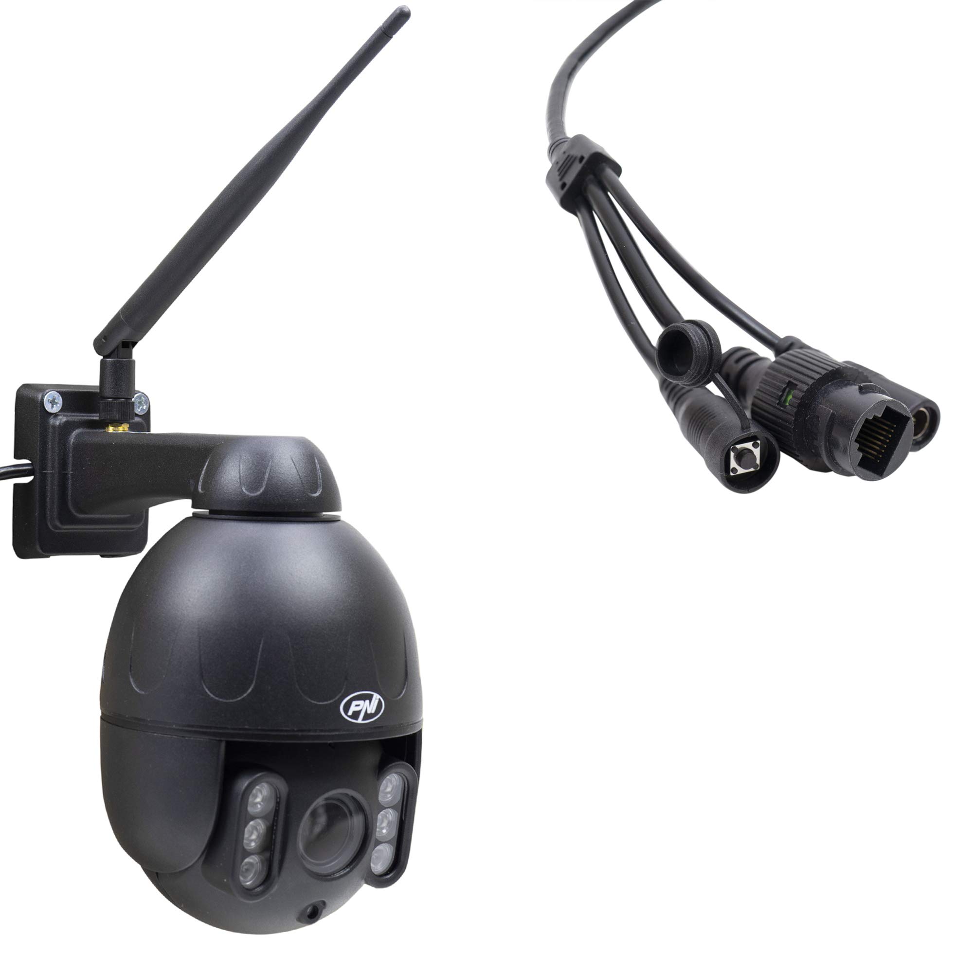 Videocamera di videosorveglianza PNI IP655B 5MP WiFi PTZ 5X Zoom ottico H265 slotmicroSD Visione notturna 50m IP66 Allarme rilevamento movimento Comunicazione audio bidirezionale