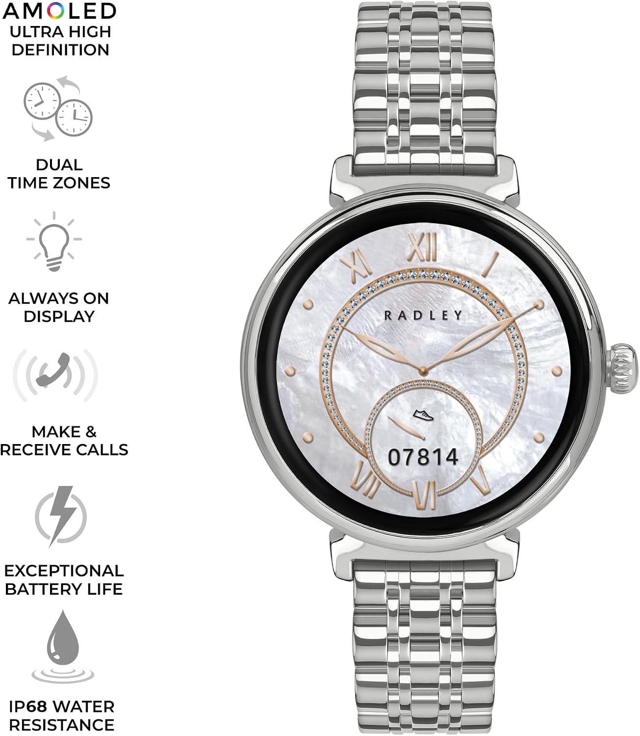 Key features of the RADLEY Smart Series 48 Smart Watch with icons