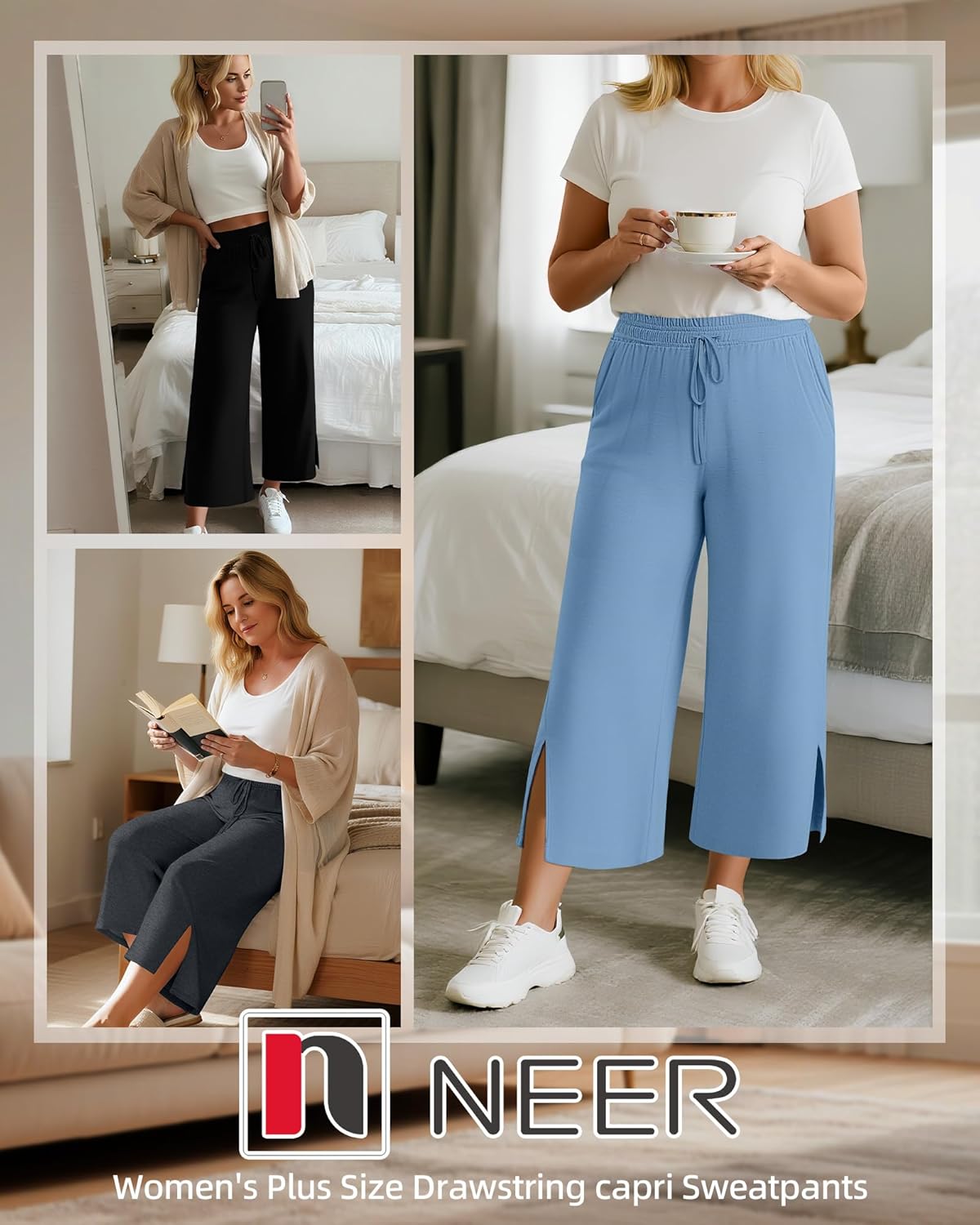 Neer 3 Pack Women's Plus Size Capris, Drawstring Cropped Wide Leg Pants Lounge Athletic Yoga Sweatpant with Pocket - Image 5