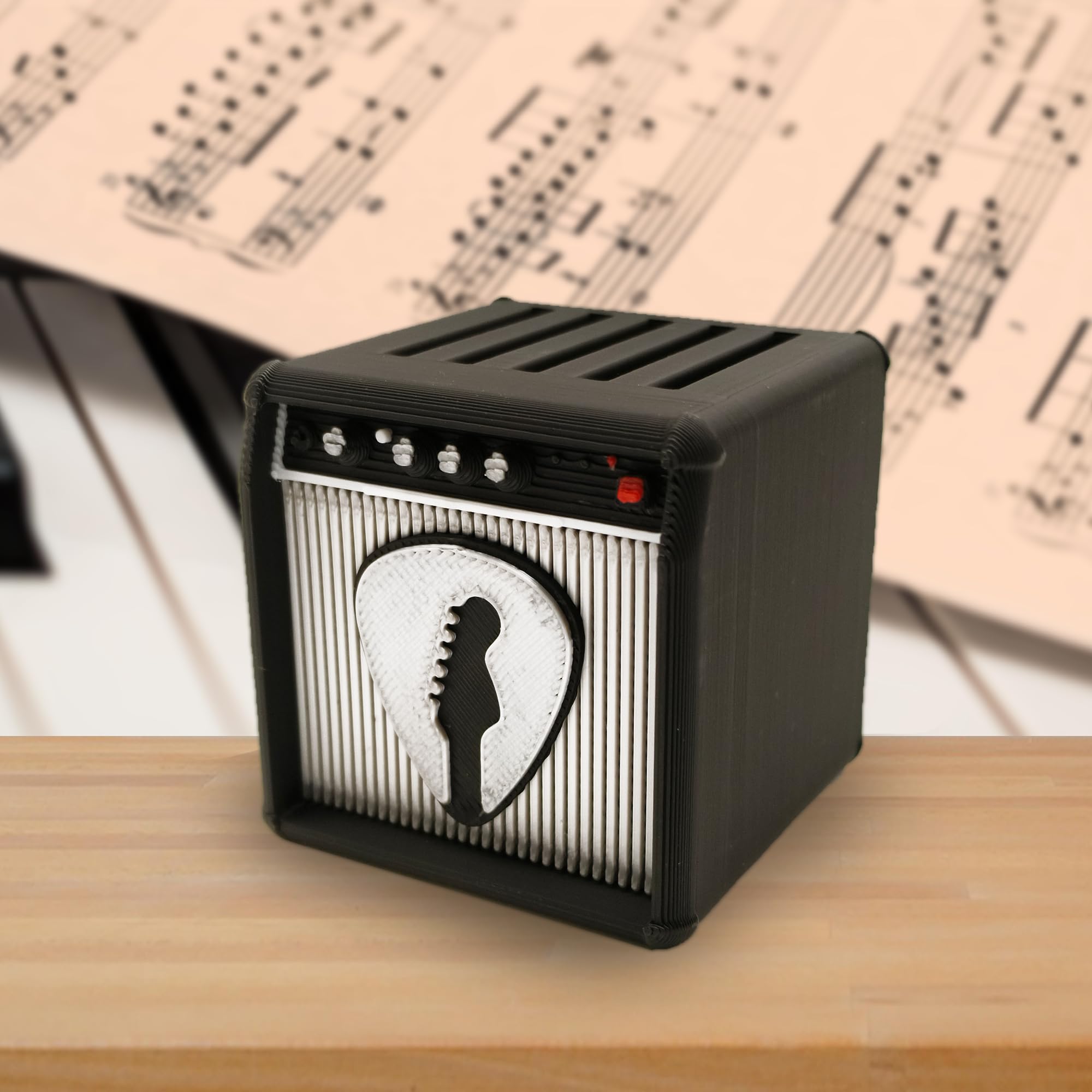 Soporte único para púas de guitarra, modelo de amplificador de guitarra, organizador de púas y vitrina, regalo para entusiastas de la música y guitarristas (plateado)