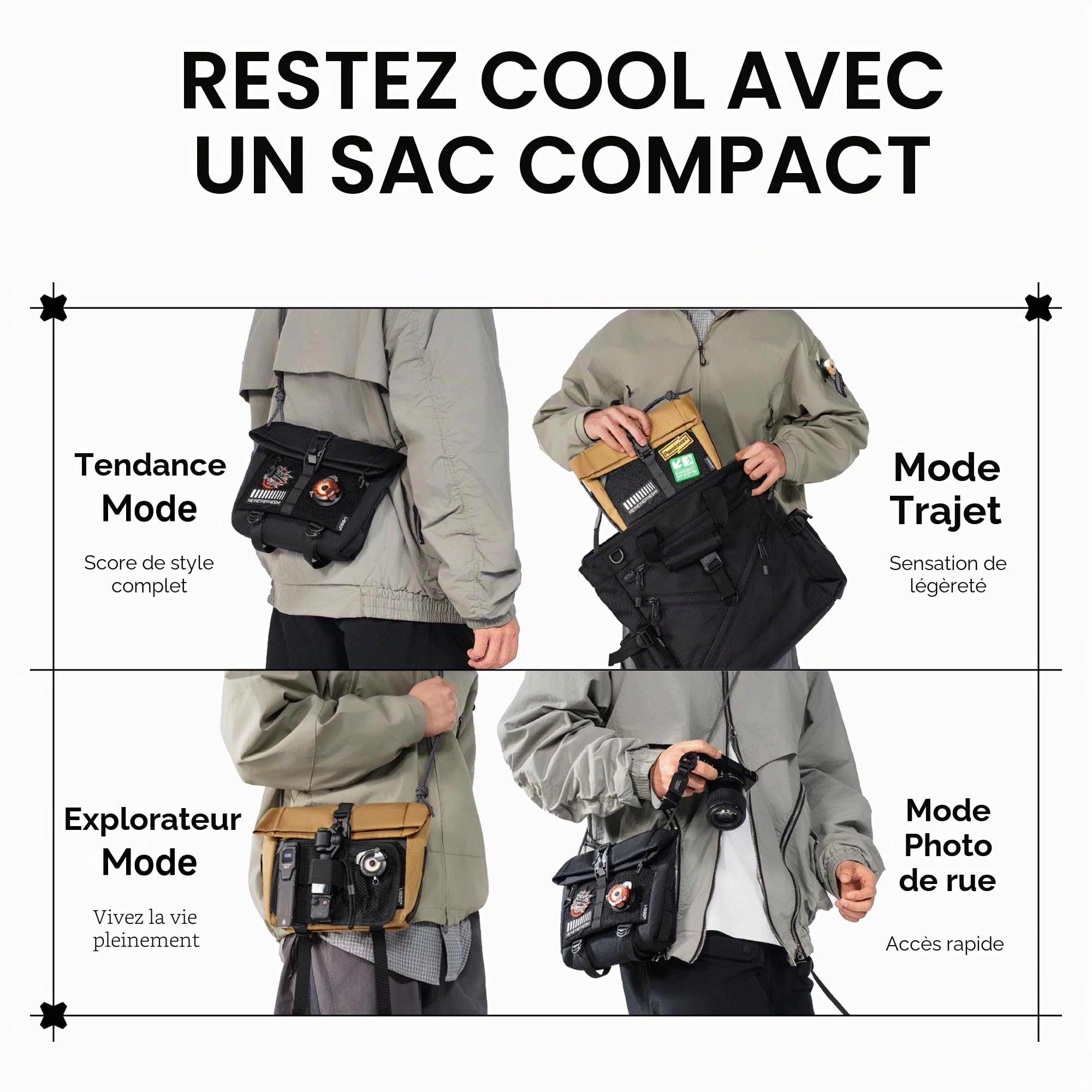 VSGO Sac à bandoulière pour appareil photo 3L pour homme, sac à bandoulière Techwear étanche avec points modulaires et poche cachée