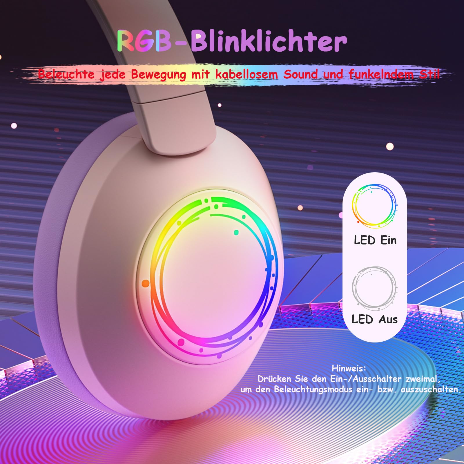TONOSHARK Noise Cancelling Kopfhörer Kinder, Kinderkopfhörer Bluetooth, Bunte RGB LED Leuchte, 60h Spielzeit, Bluetooth 5.4, Headset Over Ear, Für Zuhause/Schule, Inkl. Kopfhörer Case (Rosa)