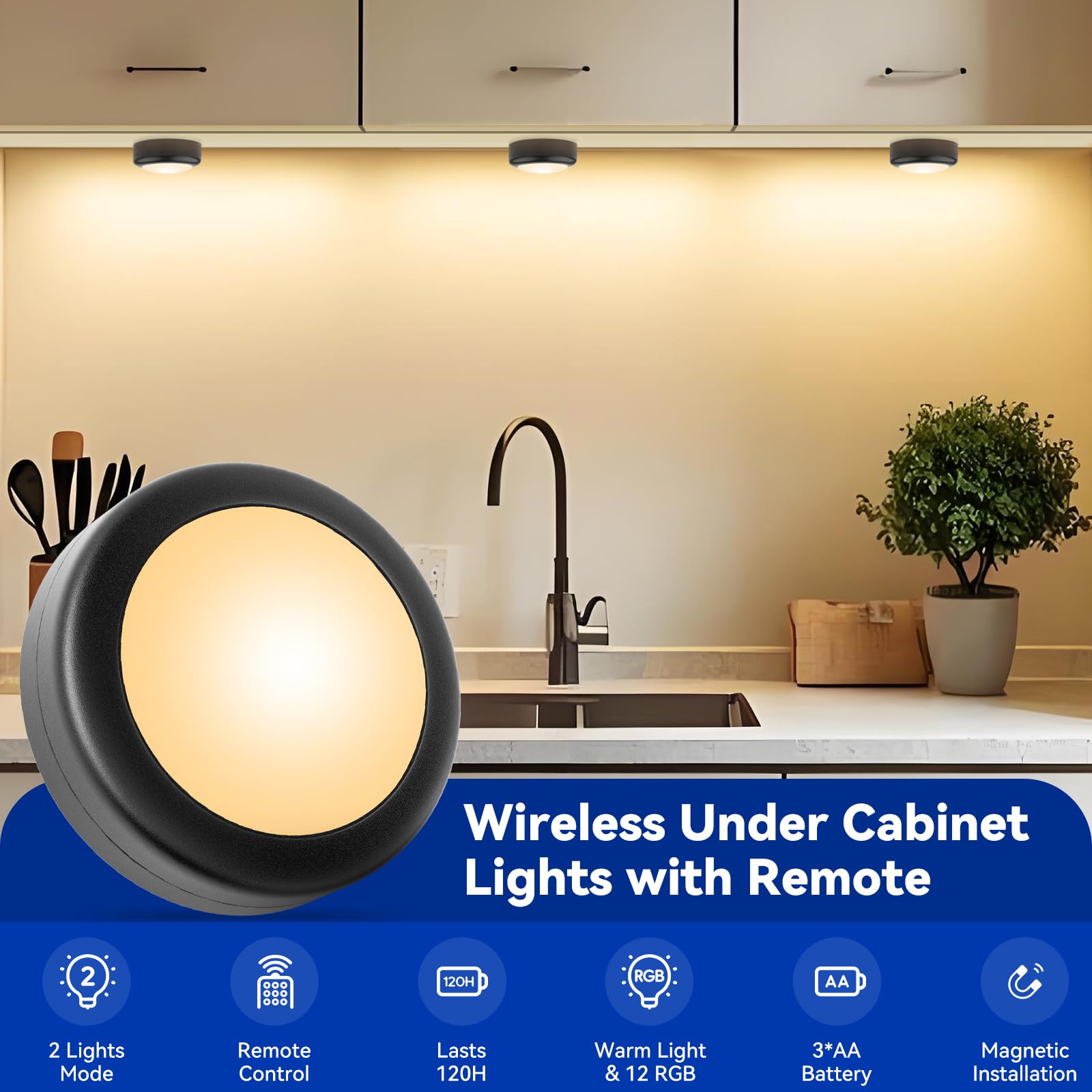 Aokpsrt Magnetic Puck Lights with Remote Control, 3AA Battery Operated, 13 Colors, Dimmable & Timer, Under Cabinet LED Lights for Kitchen, Black 6 Packs