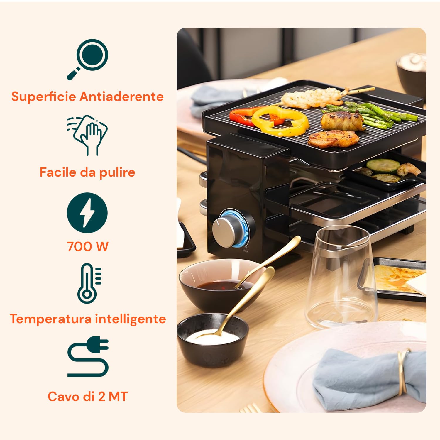 Avilia - Griglia Elettrica Multifunzione 4in1 da 700W con Termostato Regolabile per Carne, Verdure e Formaggi, Raclette da Tavolo con Piastre Antiaderenti e Ponte Parcheggio Compatto