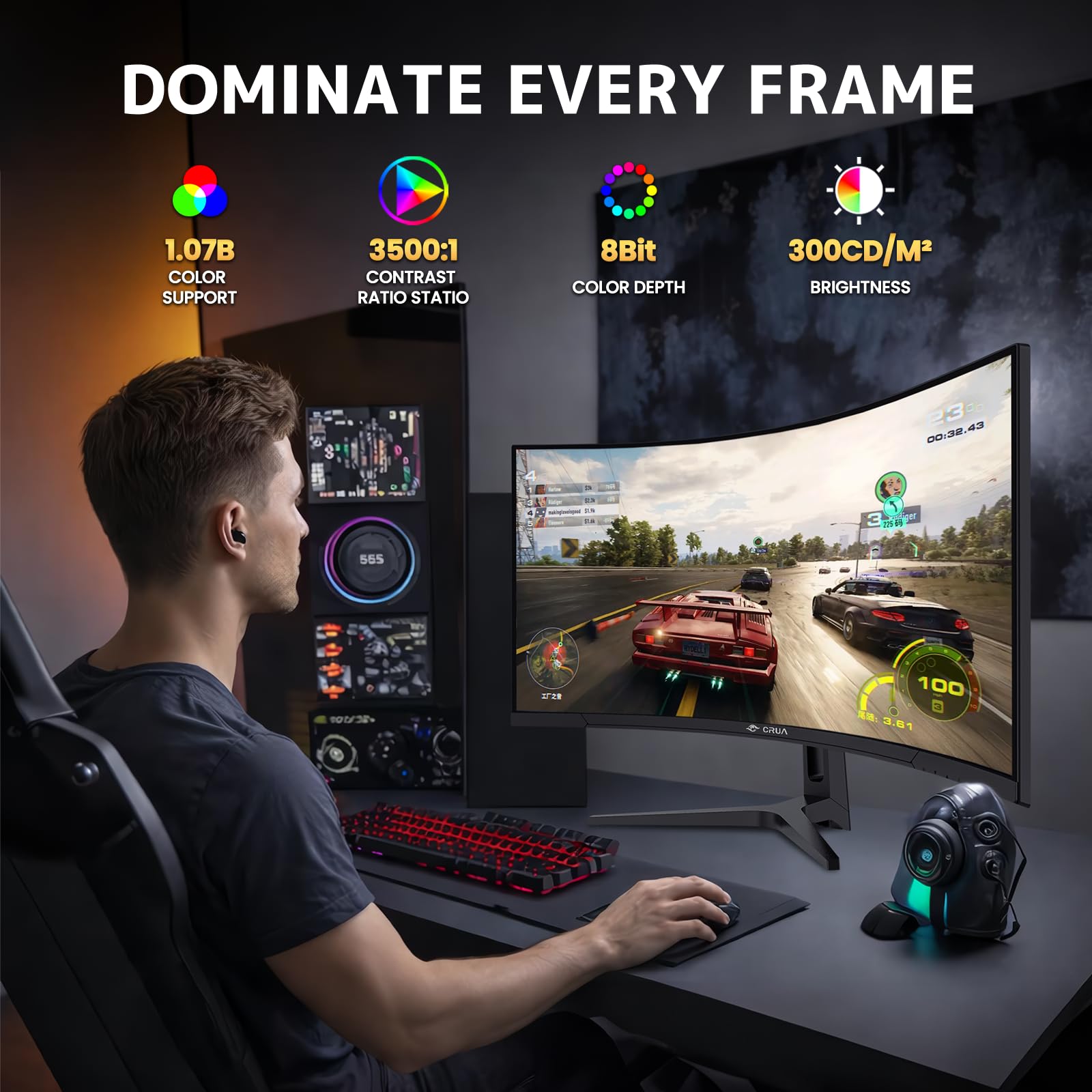 CRUA Moniteur de jeu incurvé 34 pouces, 240 Hz WQHD 3440 x 1440, UltraWide 21:9, 1500R VA, 120 % sRGB, FreeSync, haut-parleurs intégrés, idéal pour les jeux, la diffusion et l'utilisation au bureau