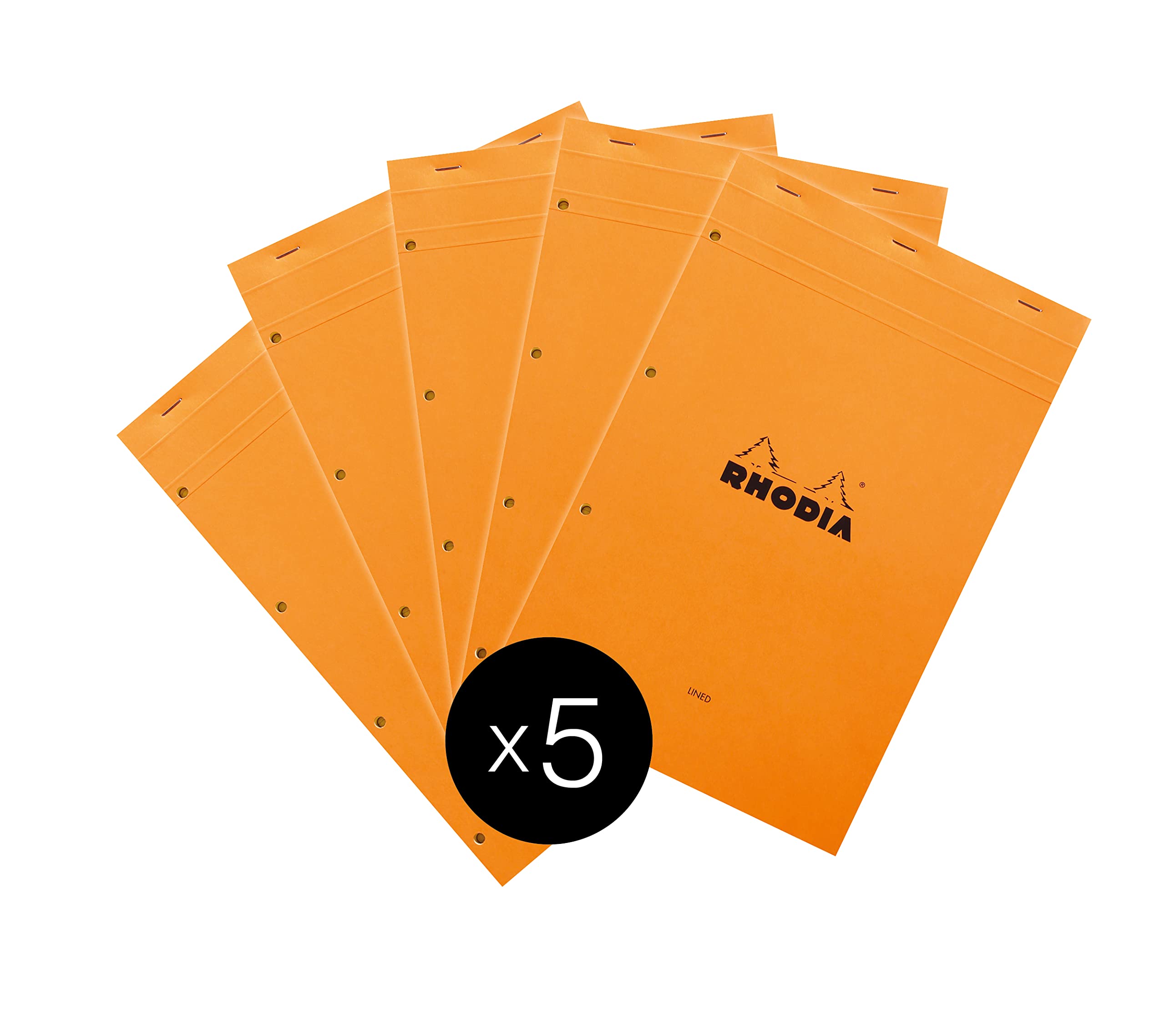 Rhodia 119660C - Packung mit 5 Notizblöcken geheftet No.119, DIN A4+, 80 Blätter gelb liniert mit Rand perforiert, 80g, Orange, 1 Pack