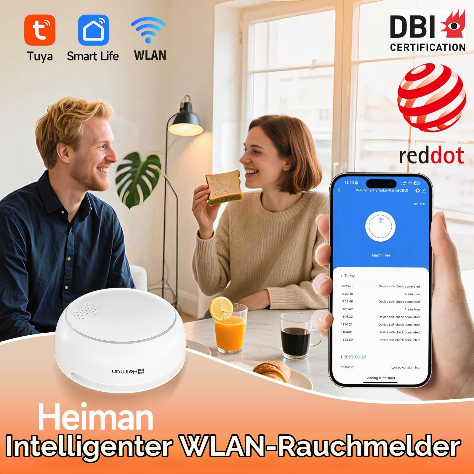 HEIMAN WLAN WiFi Rauchmelder mit App und Austauschbarer Batterie, 85dB Alarm Brandmelder mit Stummschalt-Taste, EN 14604 Standard,Smarter Feuermelder 85dB (5)