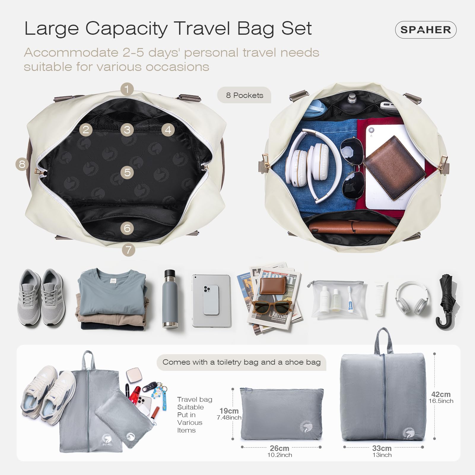 SPAHER Bolsa de Viaje 45x36x20 EasyJet Equipaje de Mano Bolsa de Deporte Mujer con Compartimento de Zapatos Bolsa de Gimnasio Grande Impermeable Bolsas de Fin Semana Mujer Gym Bag Cabin Duffle Bag