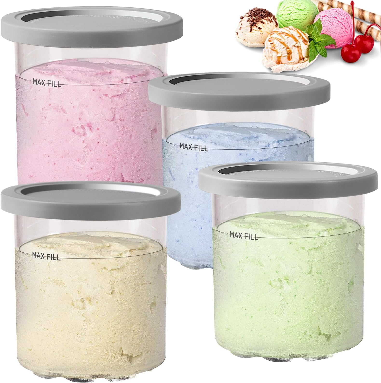 BYKITCHEN Creami Tubs for Ninja CREAMi Ice Cream Maker NC300UK, Ice Cream Containers with Lids, Ice Cream Maker Tubs, Pack of 4, Creami Accessories/Pots Compatible with Ninja Creami NC300UK