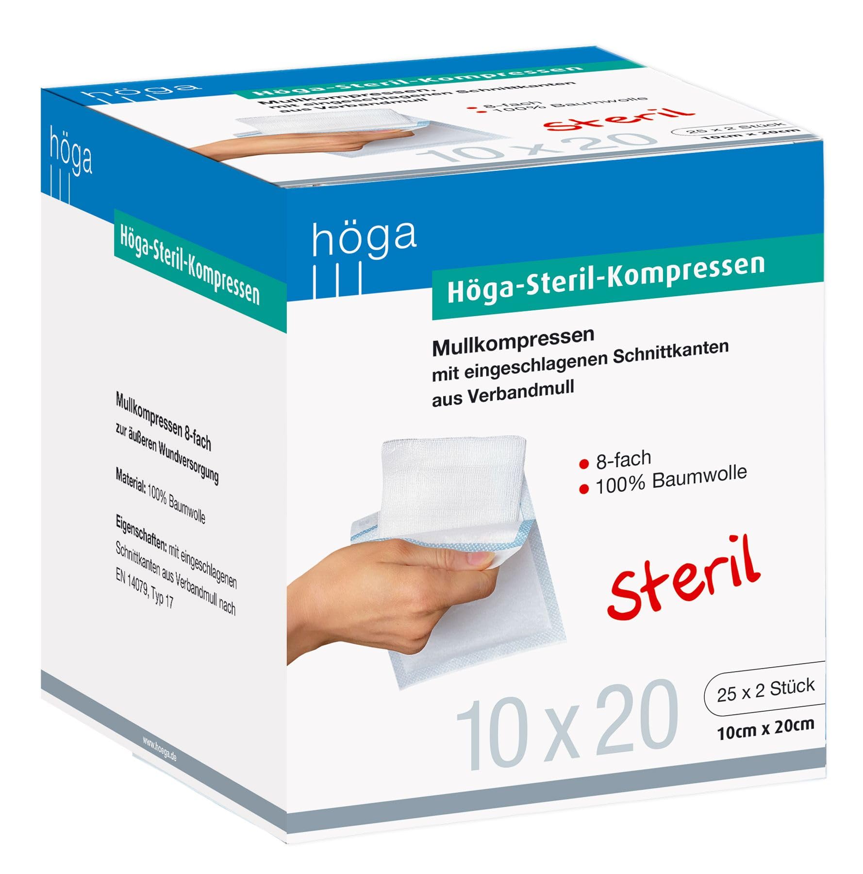 Höga Compresses stériles de, Compresses de Gaze Steriles – Lot de 2–25 x 10 x 20 cm, stériles, 8 prises en 14079-type 17