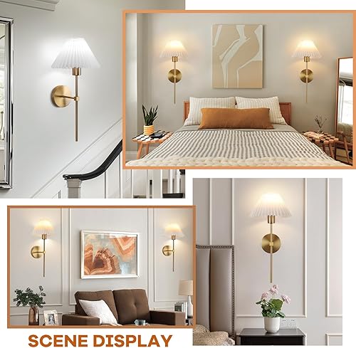 Miniatura 7 de Juego de 2 apliques de pared inalámbricos, plisados, recargables, funciona con pilas, luces de pared retro industriales doradas, apliques de tocador