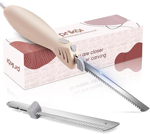 Cuchillo eléctrico - Juego de cuchillas de borde dentado fácil de cortar para carne, pan, filete, bricolaje, mango ergonómico + 2 cuchillas crema