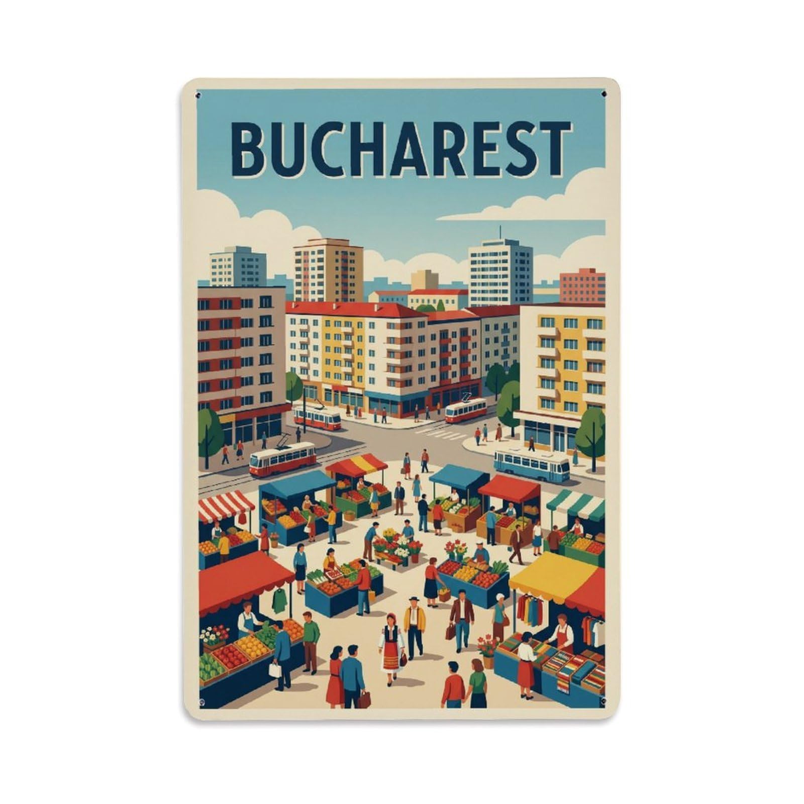 Vintage Travel Bucharest Piata Crangasi Clean Romania Metal Tin Sign Plaque Wall Decor for Cafe, Club Bar, Office, Home Garden Metal Poster 8x12Inch