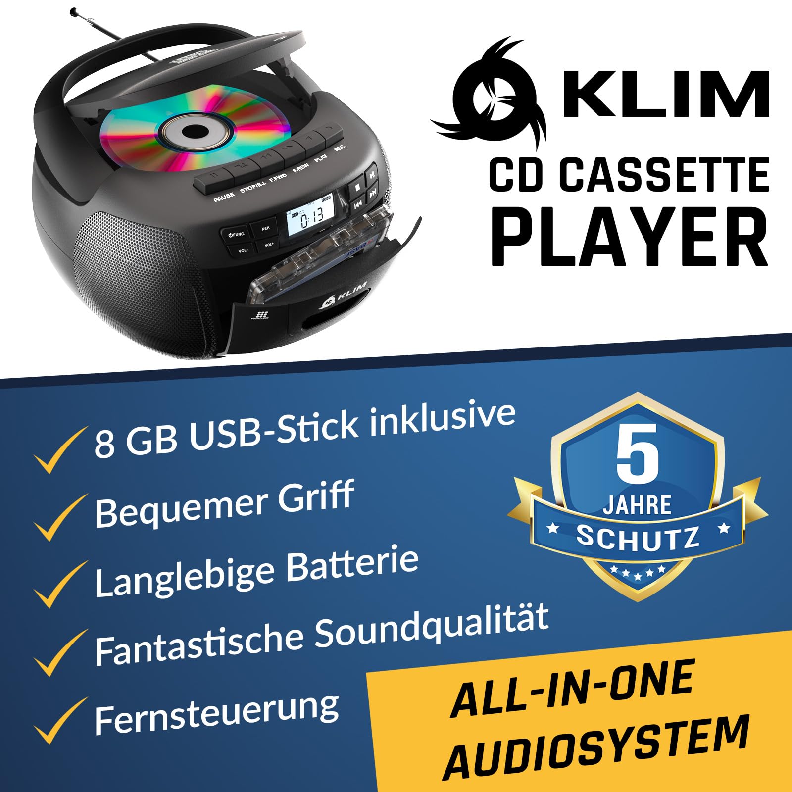 KLIM CD Player mit Kassette mit USB, Kassettenspieler, Kassettenrekorder, Radio mit CD und Kassette, CD Player mit Radio & Bluetooth, AM/FM Radio, Netz- und Batteriebetrieb