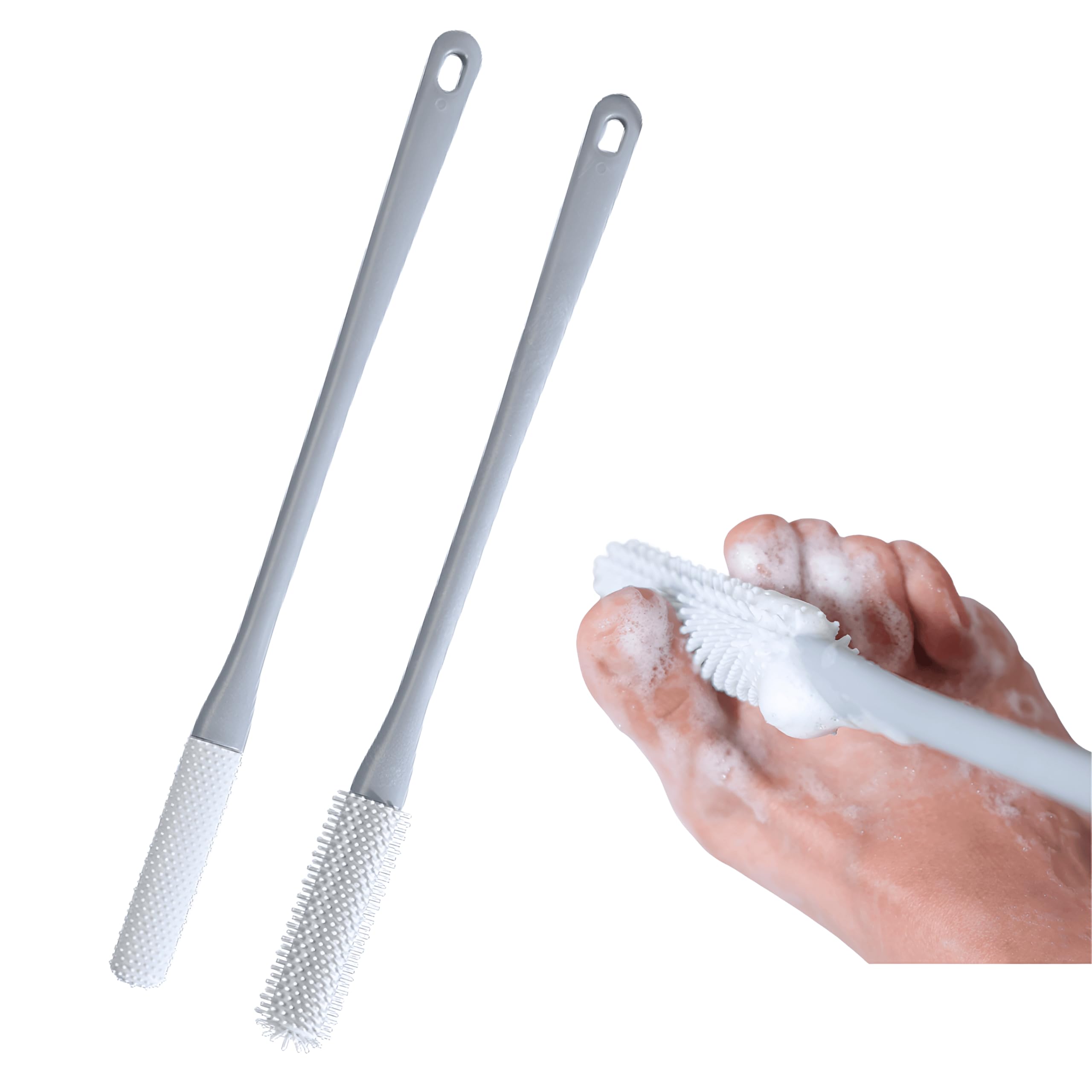 Toe Cleaning Brush with 15.7" Long Handle,Foot Scrubber in Shower,No Bending, Ideal for Seniors, Expecting Mothers, Men & Women | Foot Scrubber & Anti-Itch Exfoliating Brush (2 Pack) (Grey)