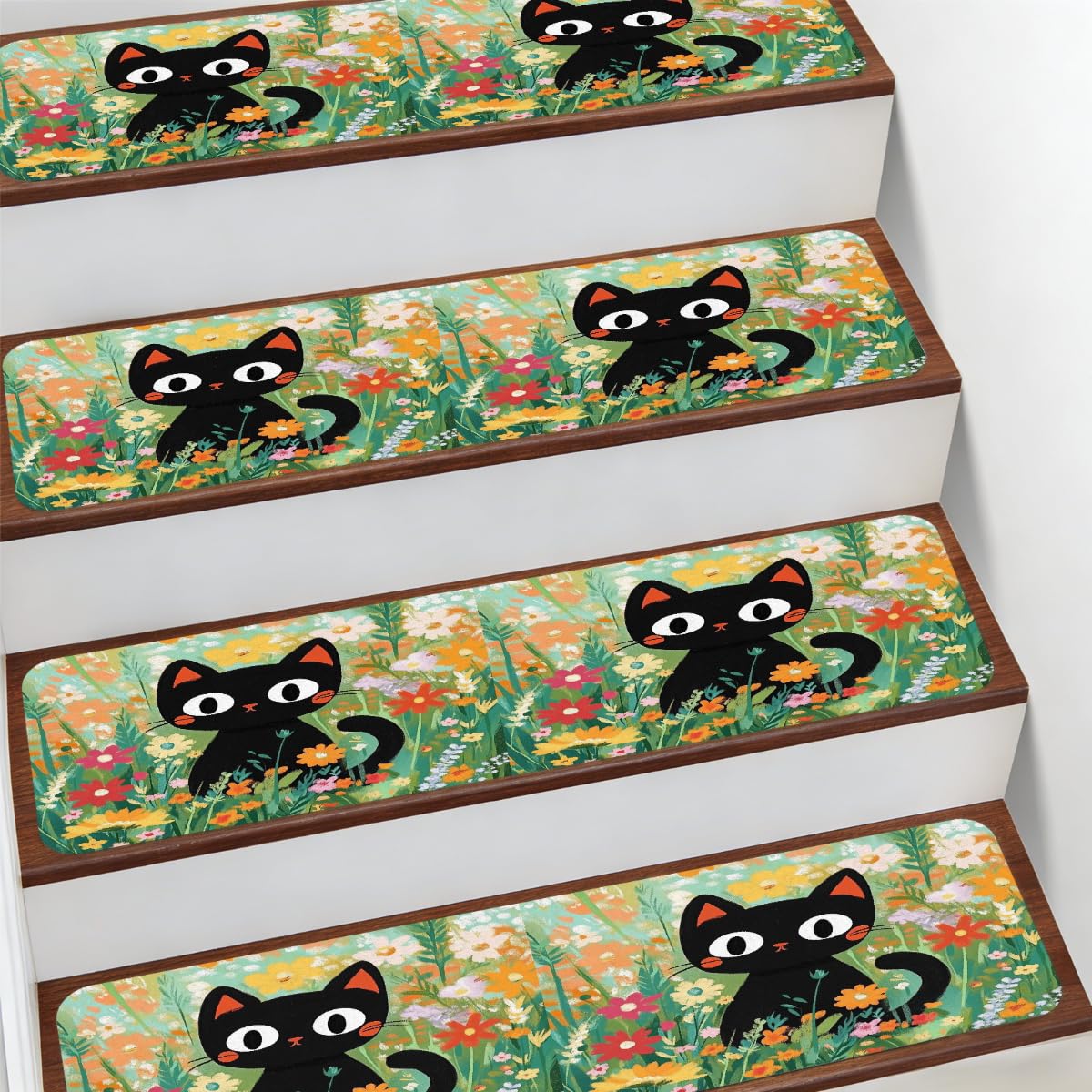 Alfombra para escaleras Mexpekil de 7.8 x 30 pulgadas con estampado de gato negro
