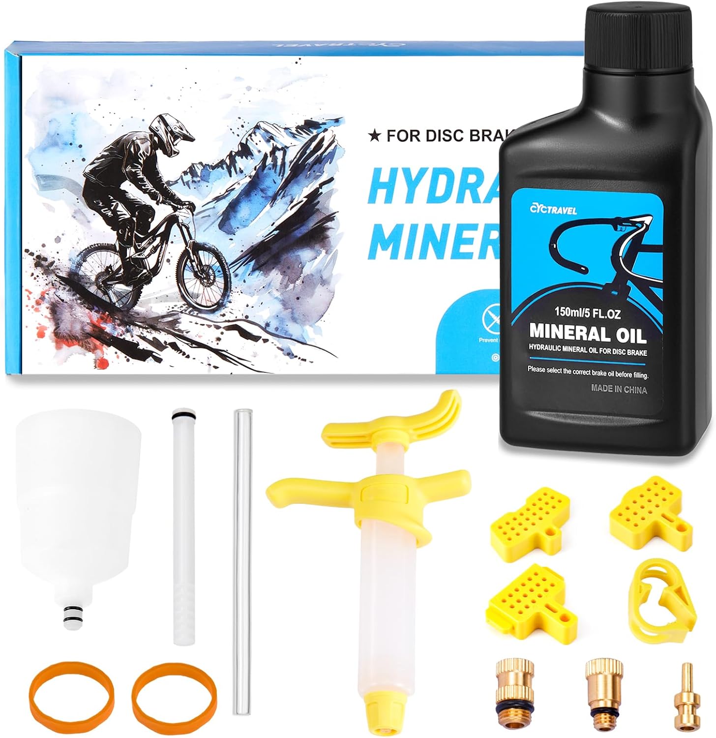 Ontluchtingskit voor SHIMANO hydraulische remmen. Ontluchtingskit inclusief 150ML minerale olie remvloeistof en stap-voor-stap instructies.