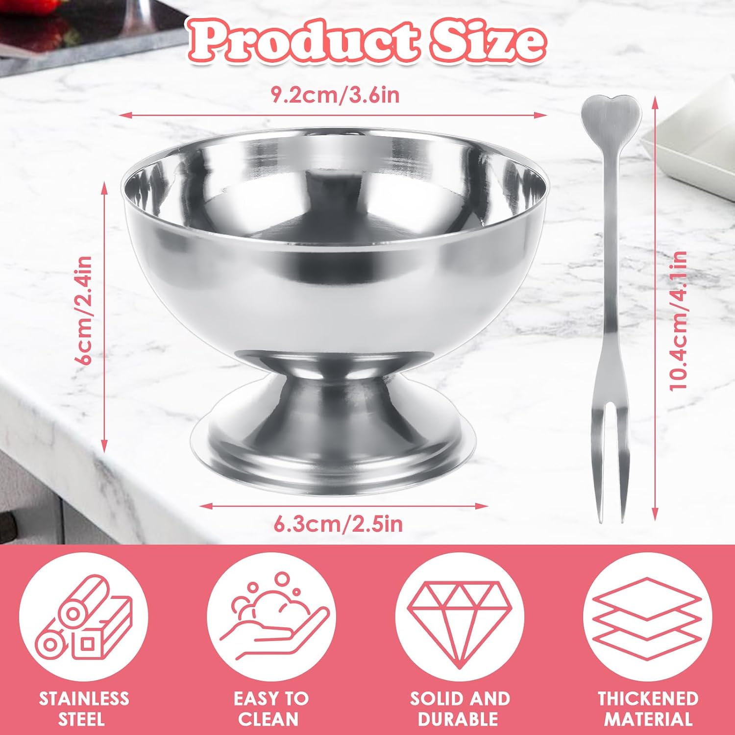 MIVIDE 6 Pack Ice Cream Cups, Stainless Steel Ice Cream Bowl, Dessert Cups with Forks Serving Dessert Bowls Silver Coupe Glasses for Pudding Dessert Frozen Yogurt Fruit