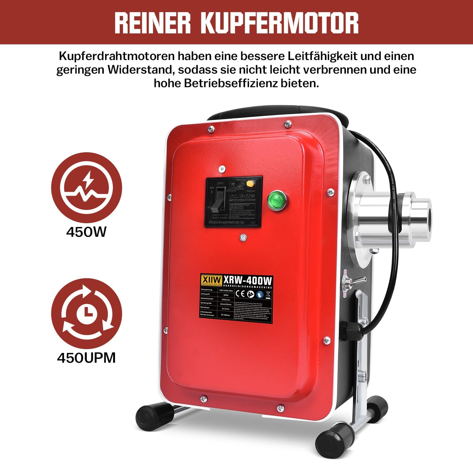 Ø16mm/L37m Spiralen Sgorgatore Macchina Elettrico con salvavita, 400W | Sgorgatore Elettrico 450 giri/min, per tubi Ø30-100mm, attrezzatura per disostruzione, pulitore per scarichi