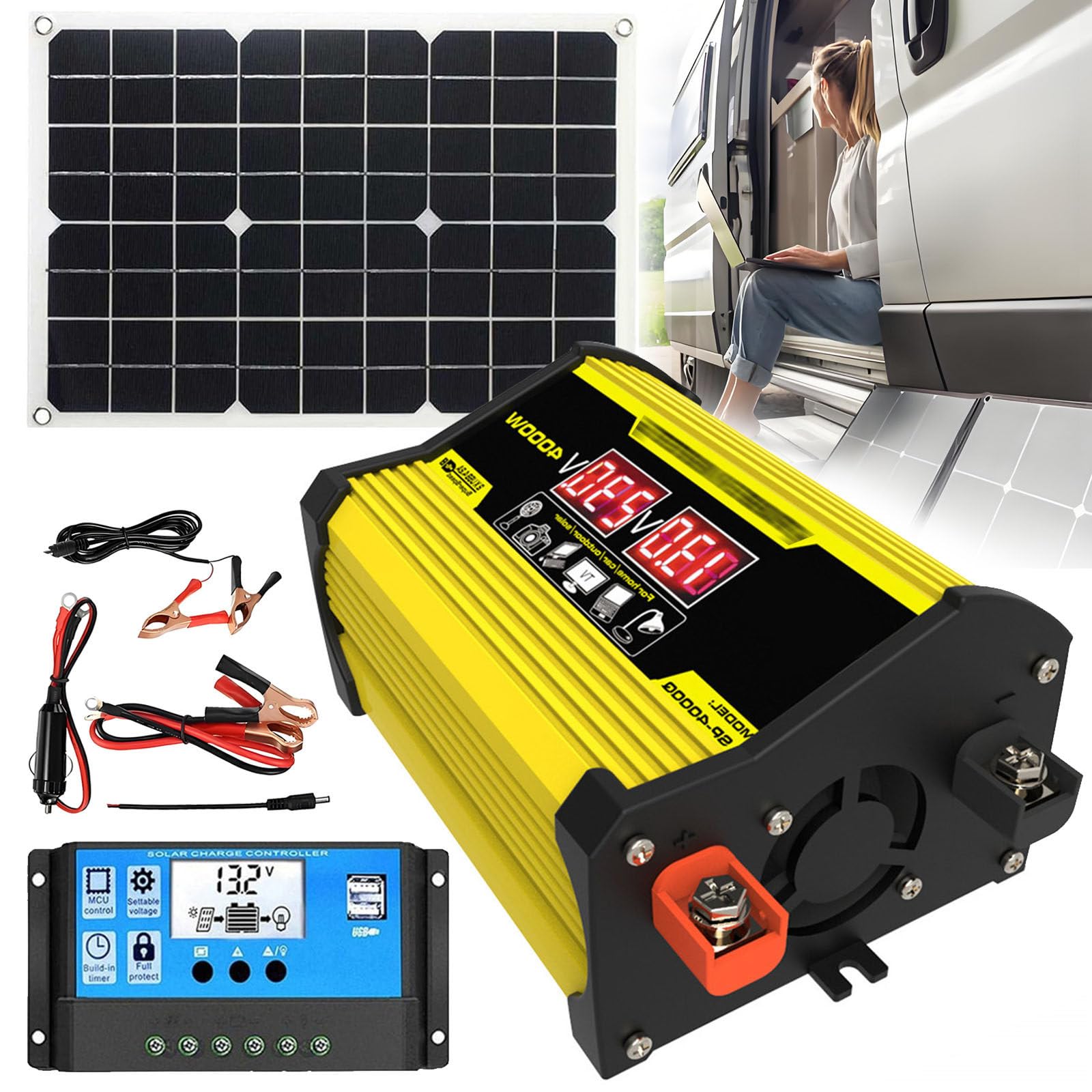 Kit Pannello Solare E Controller da 400W da 12V a 110V/220V, Generatore Solare per Rete Domestica, Controller 30A + Pannello Solare da 18W/18V, per Campeggio E Uso Esterno Yellow-220V