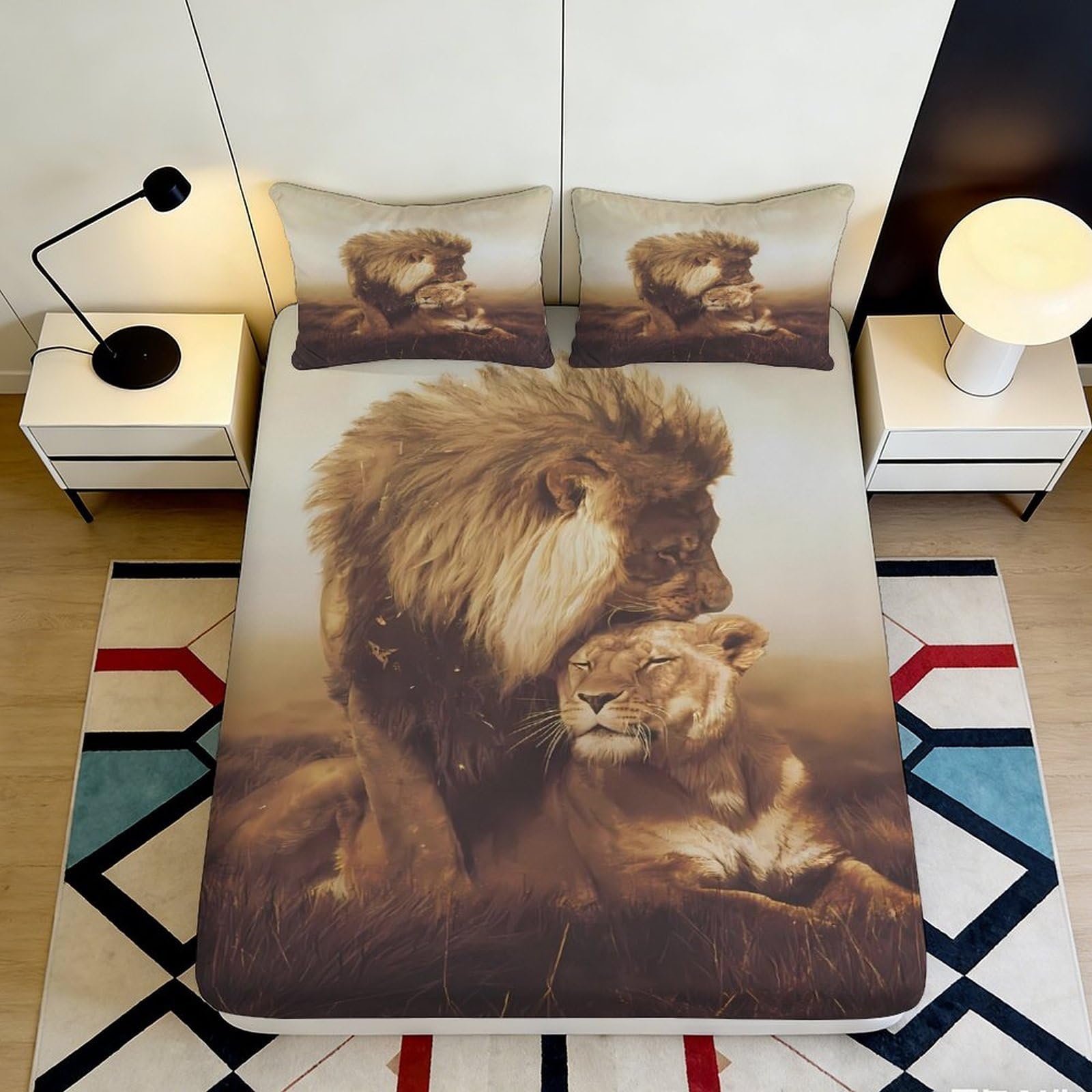 Pnayamiorkfel Style-8 3D Printed Lion Couple Fitted Sheet Microfiber Soft Breathable Wild Animal Mattress Cover For Bedroom Dorm Decor 90X200x25cm