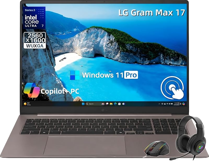 gram Max 17 portátil, pantalla táctil IPS WQXGA de 17", procesador Intel Core Ultra 7 355 AI, RAM LPDDR5 de 32 GB, SSD de 1 TB, Wi-Fi 7, Thunderbolt 4, copiloto AI + PC, batería de 26,5 horas, ultraligero, Windows 11 Pro