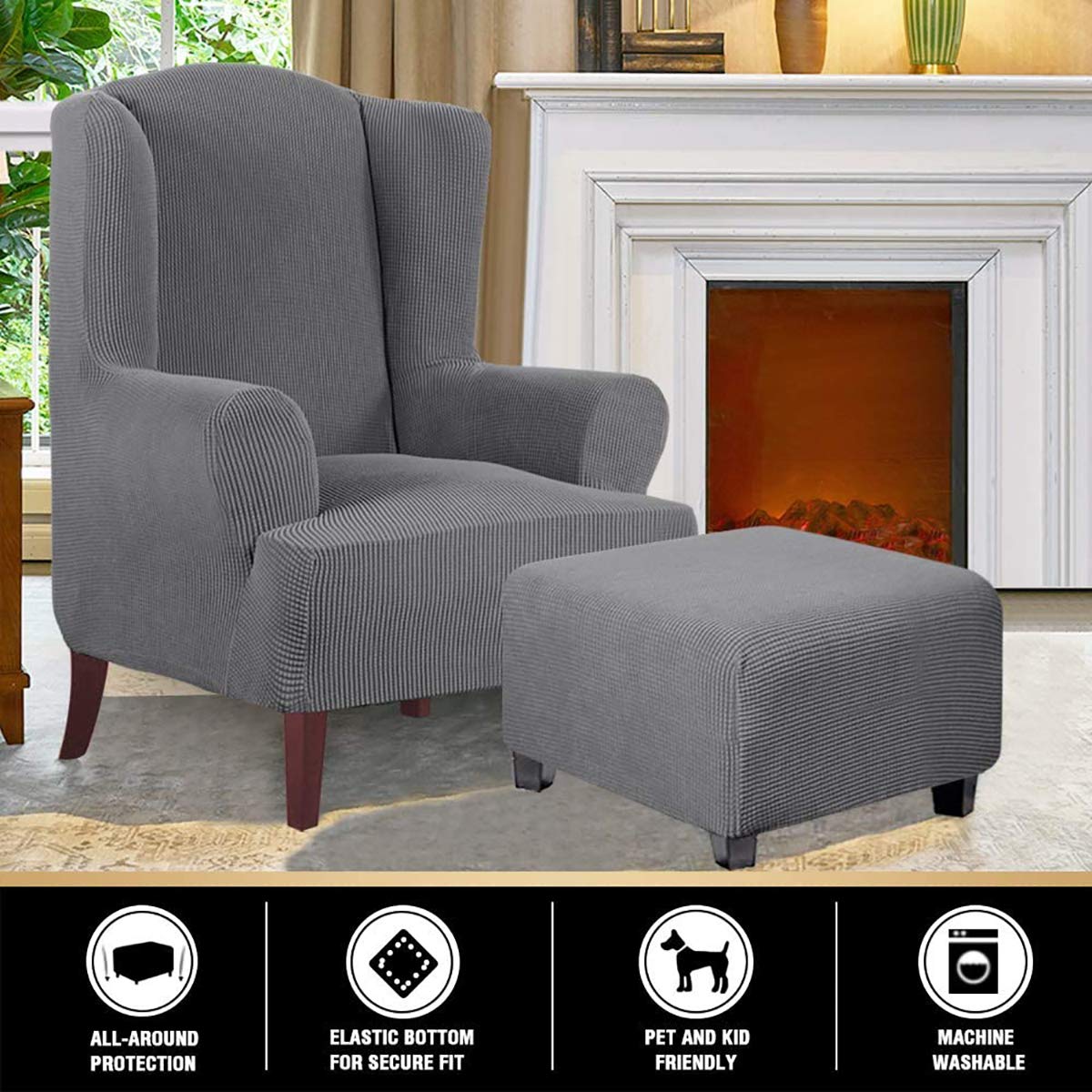Copri Pouf Elasticizzato, Copridivano, Copertura Dell'Ottomano In Tessuto Elastico Fodera Per Rivestimento Jacquard (Grigio,Large)
