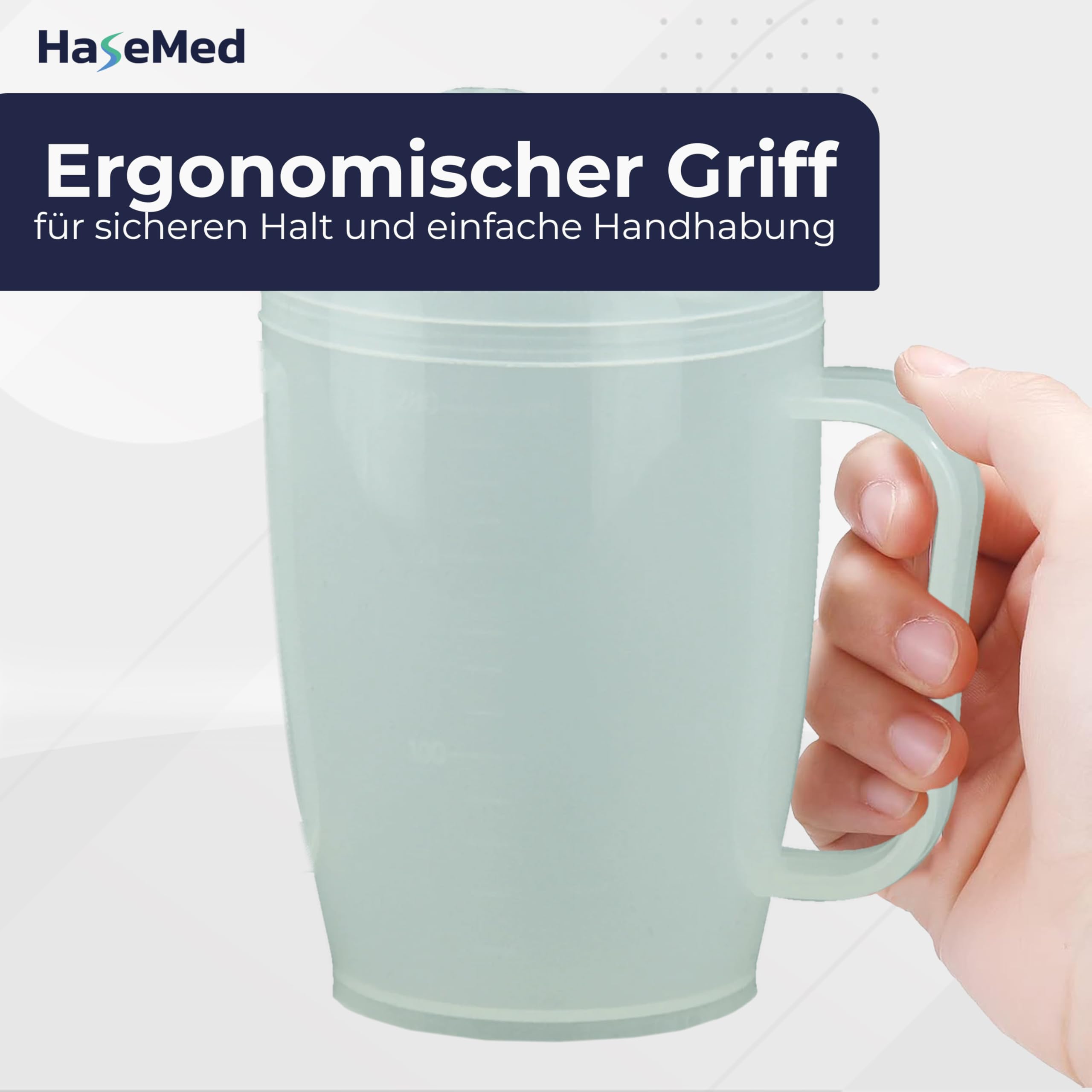 HaseMed kubek do picia z uchwytem i tulejką (1 sztuka) – ergonomiczny kubek do bezpiecznego picia bez rozlania, idealny dla seniorów i osób z ograniczoną funkcją dłoni – wytrzymały i trwały, 12 mm
