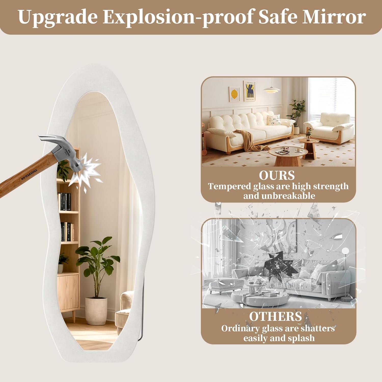 56"x24" Irregular Wavy Mirror, Flannel Full Length Mirror with Stand, Wall Mirror for Bedroom, Living Room, Cloakroom, Entryway, Beige
